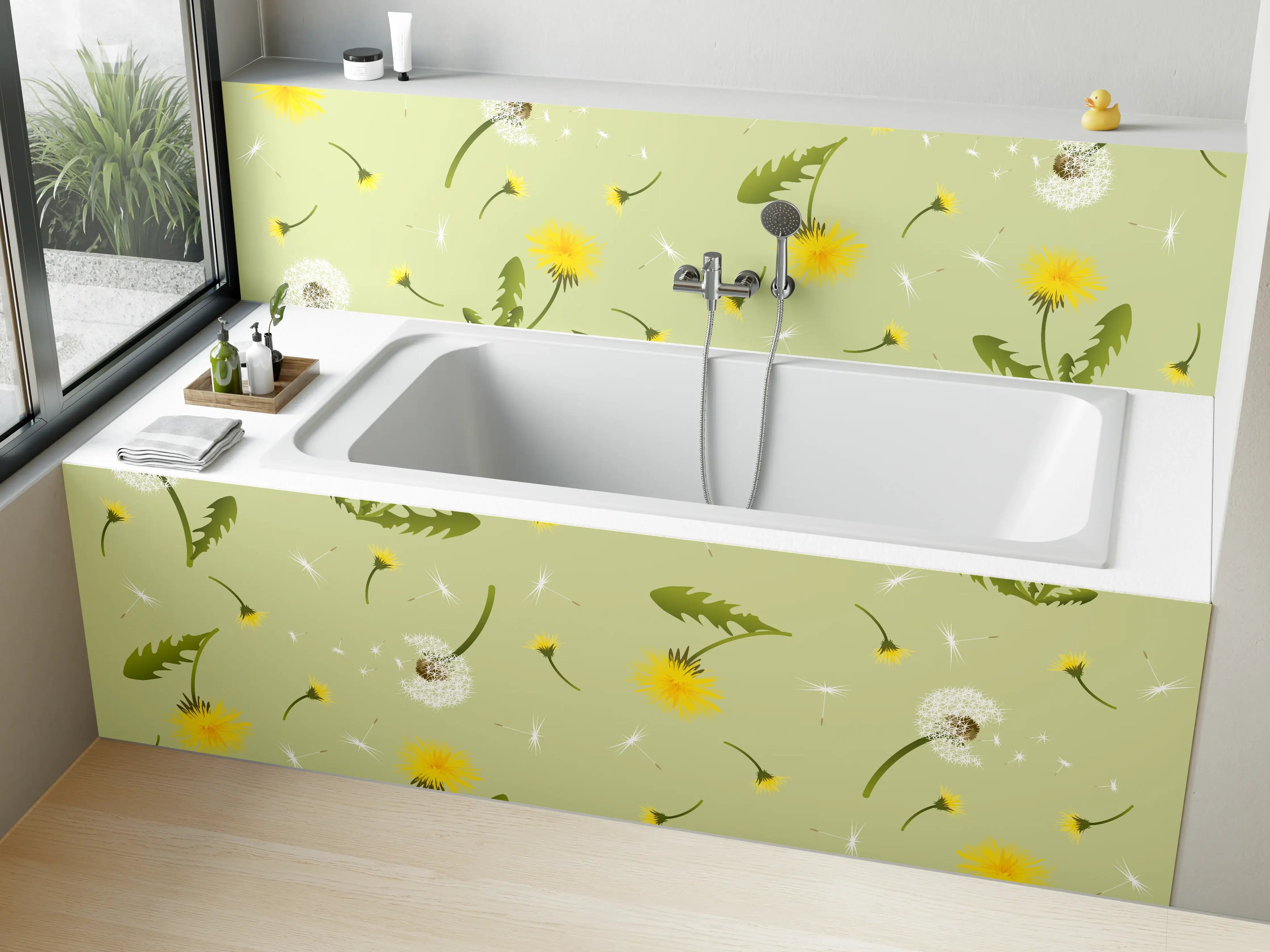 Badewannen-Rückwand - Pusteblumen Grün-Gelb Muster