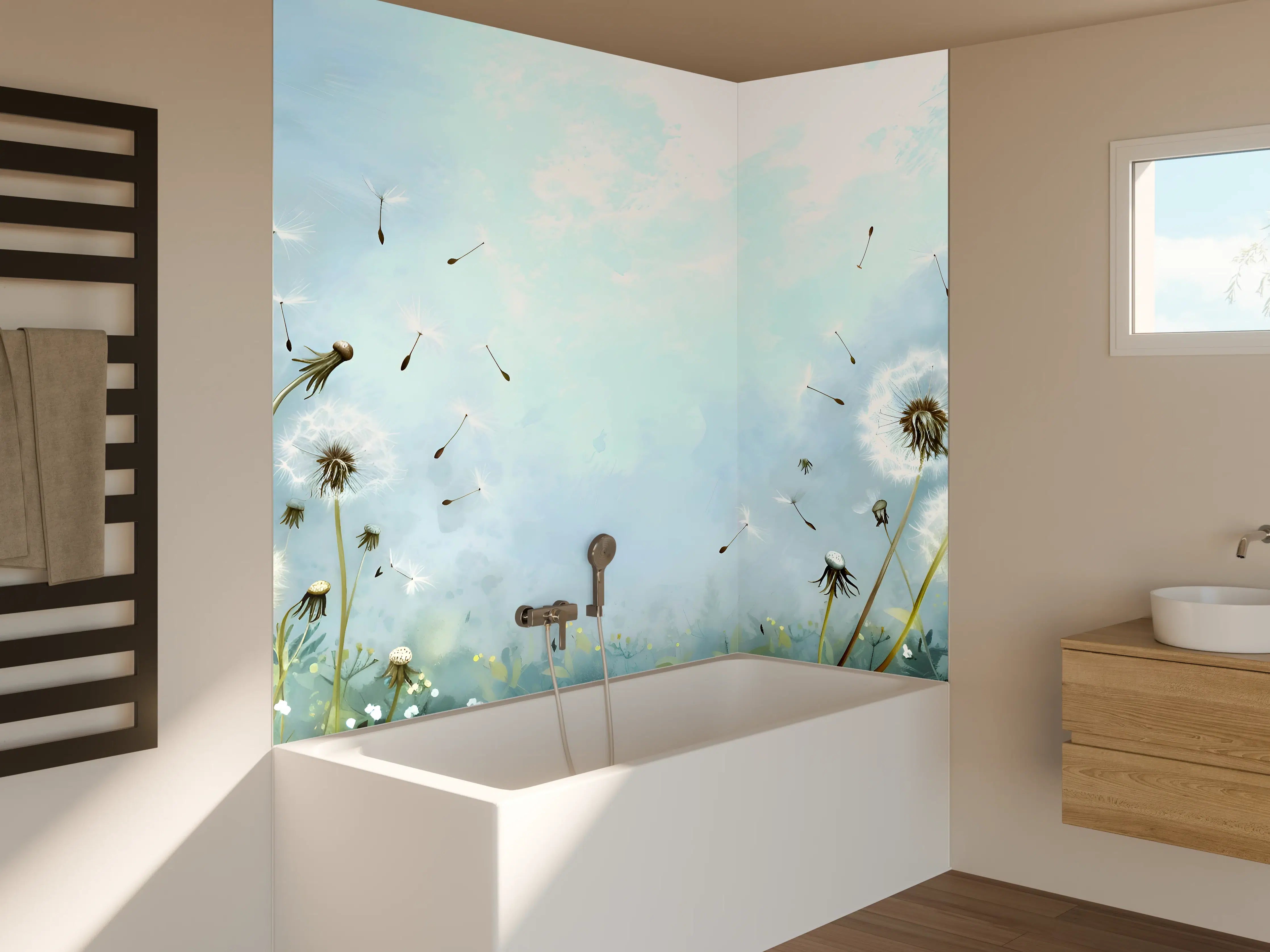 Badewannen-Rückwand - Pusteblumen im blauen Himmel