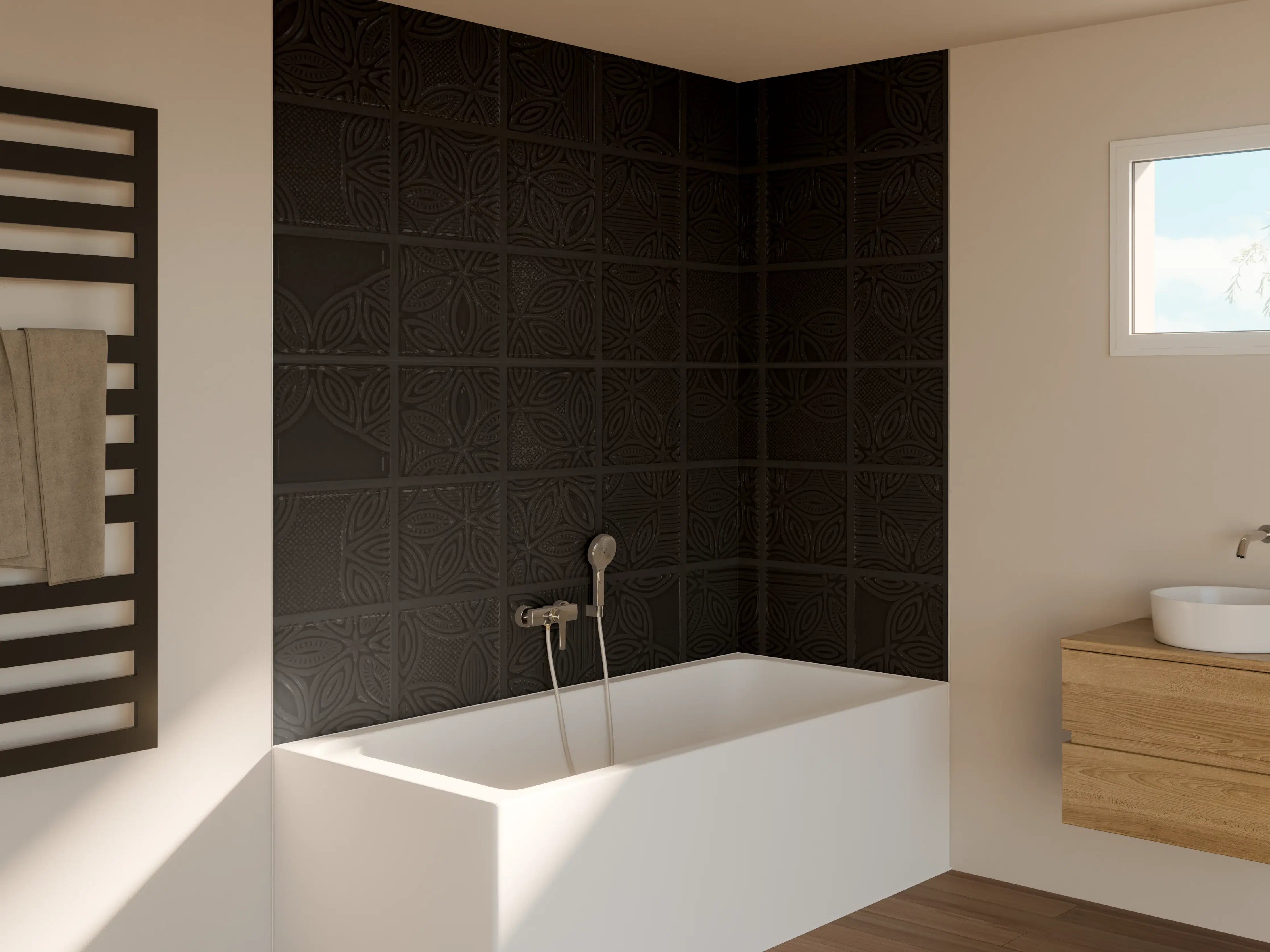 Badewannen-Rückwand - Quadratische schwarze Fliesen
