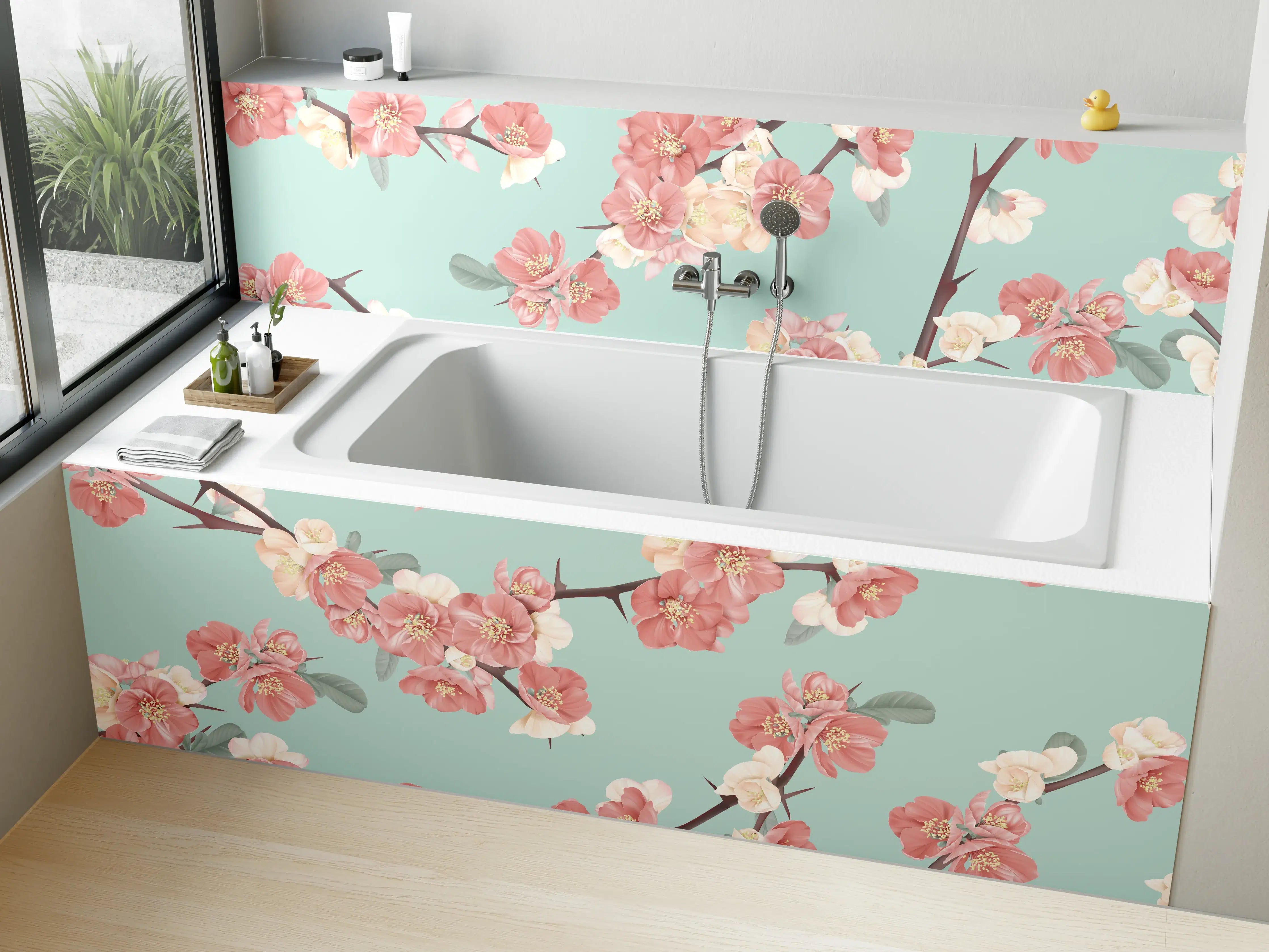 Badewannen-Rückwand - Quittenblüte Pastell Vintagemuster