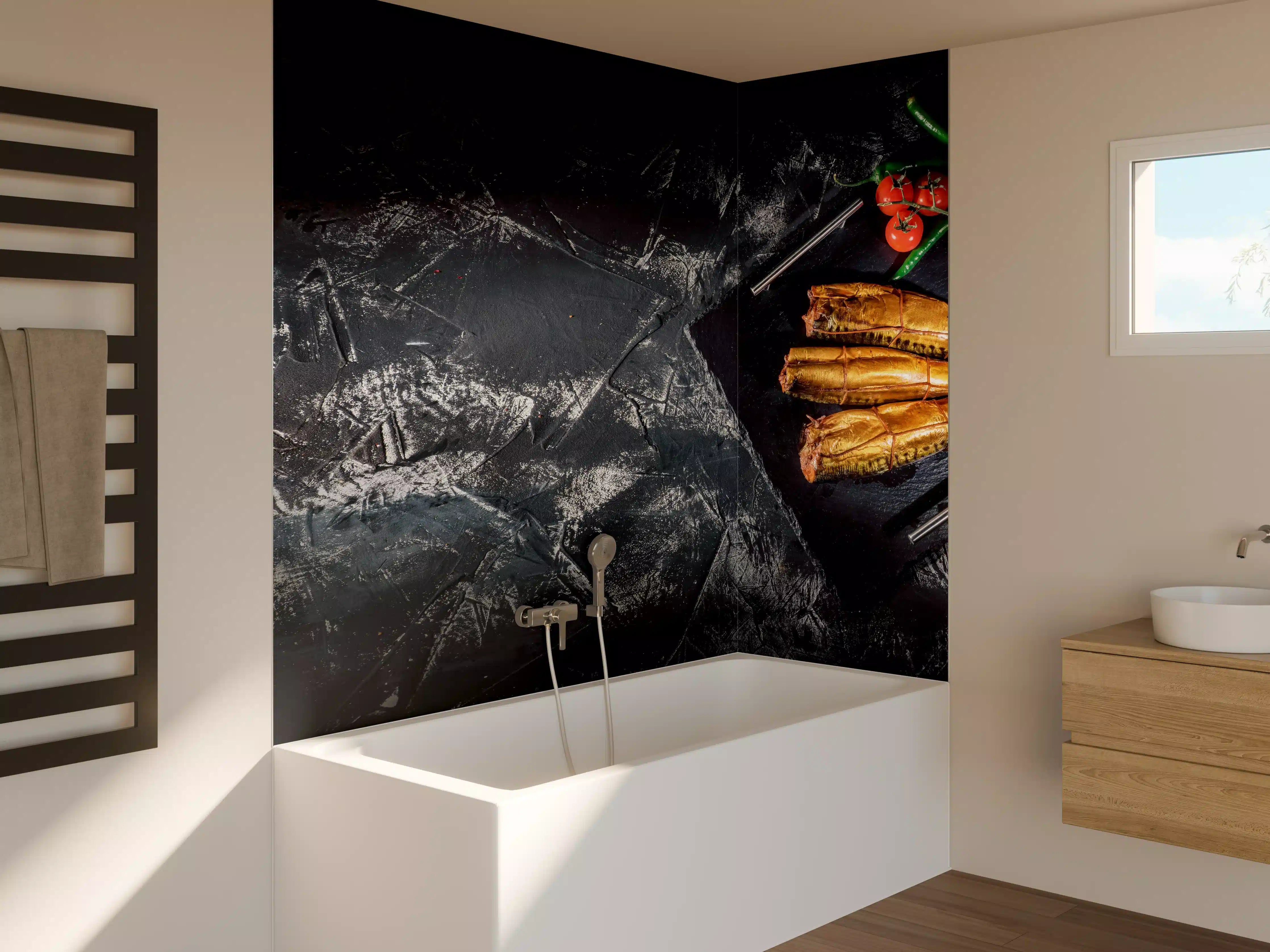 Badewannen-Rückwand - Räucherfisch auf dunklem Schiefer