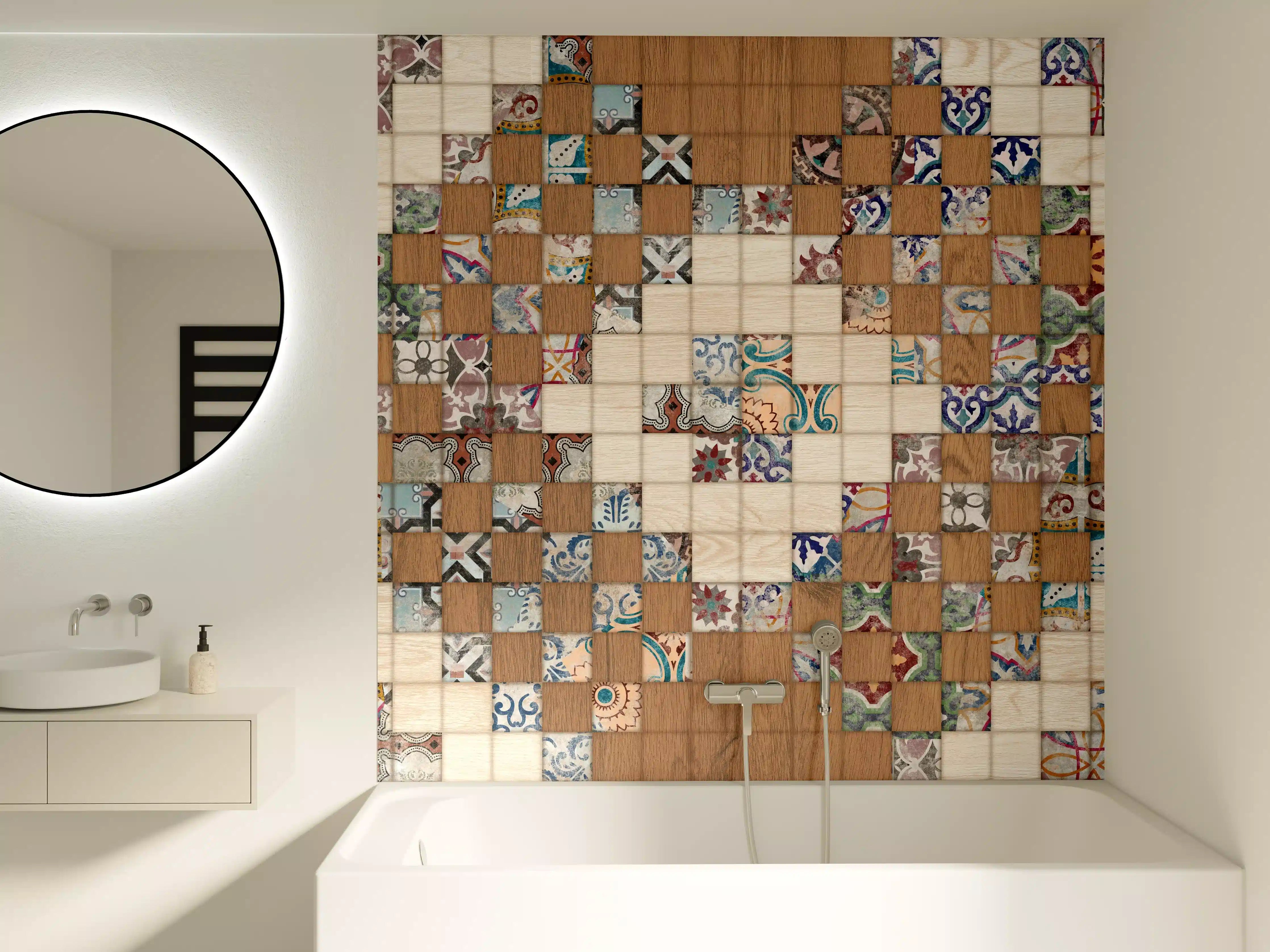 Badewannen-Rückwand - Retro Mosaik Holztextur