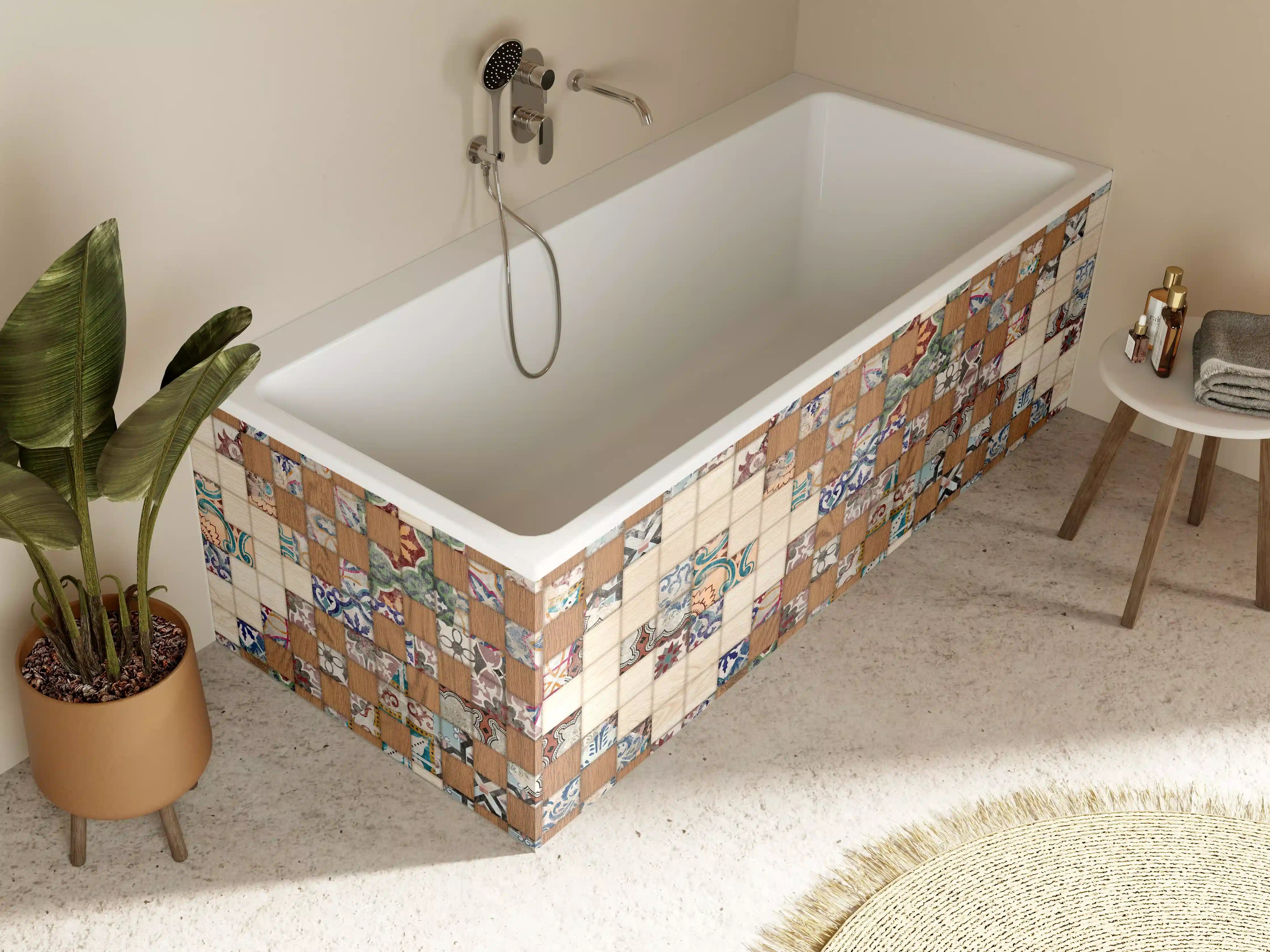 Badewannen-Rückwand - Retro Mosaik Holztextur