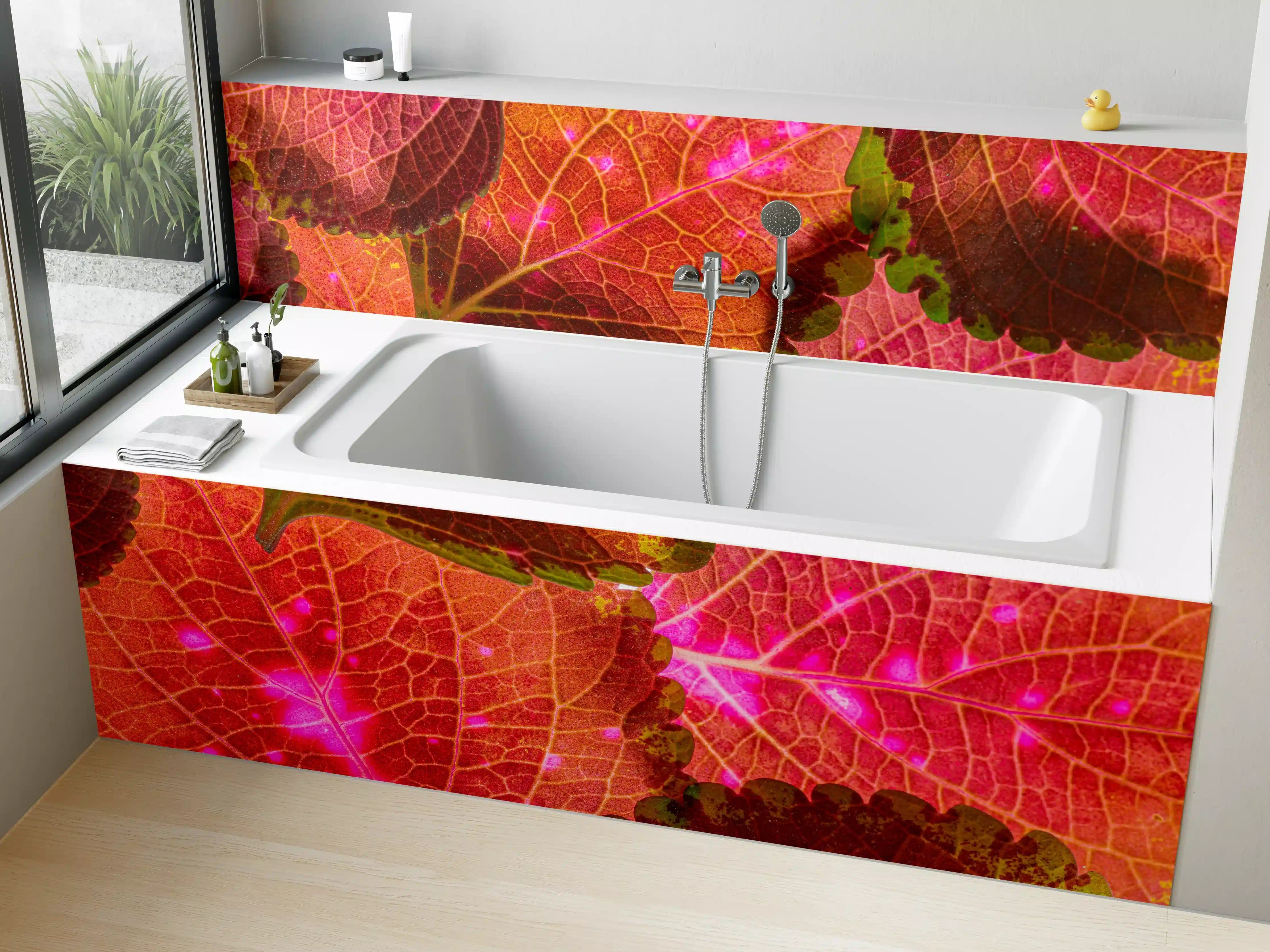 Badewannen-Rückwand - Rötliche Blätter im Detail