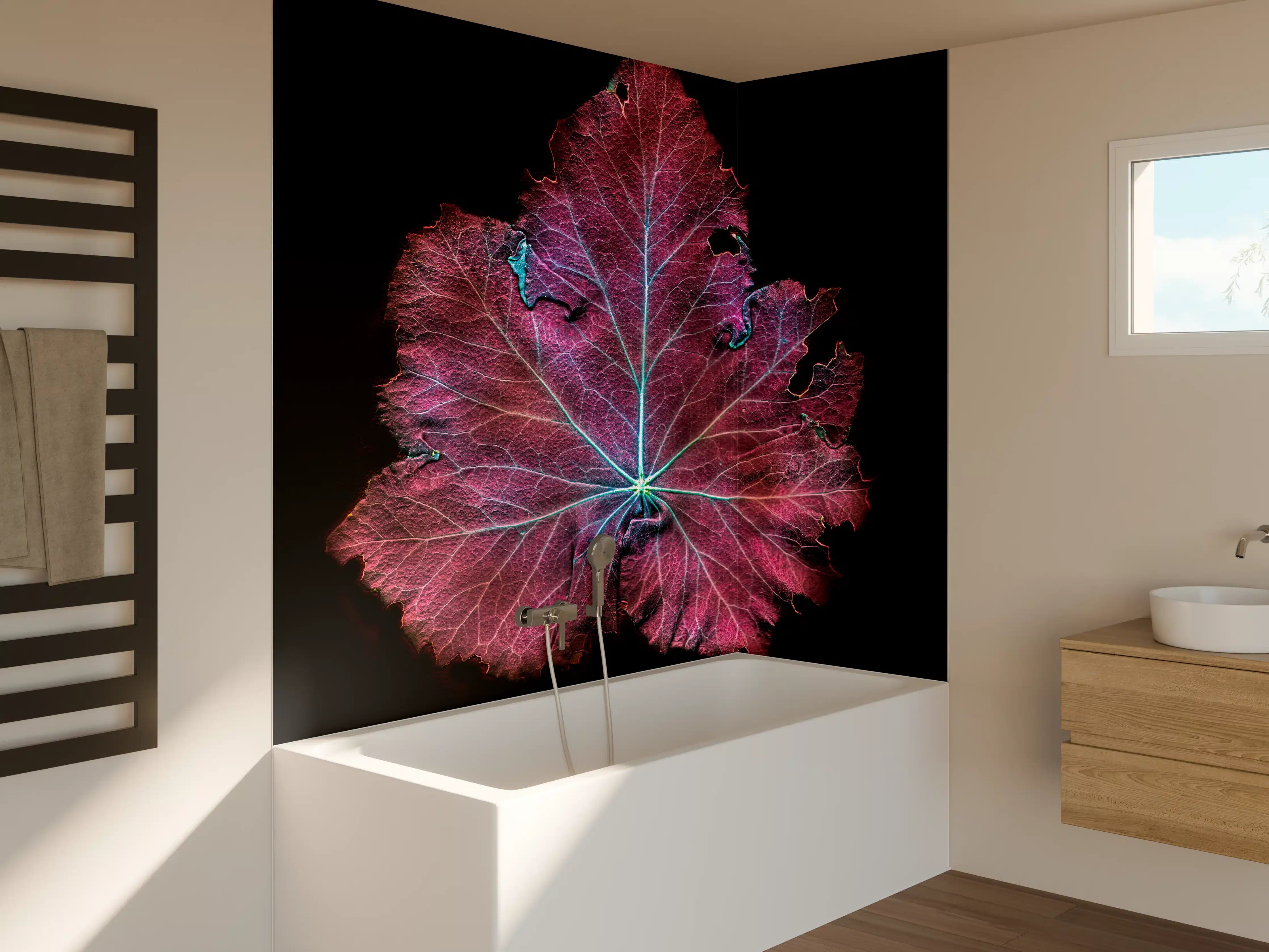 Badewannen-Rückwand - Rötliches Blatt auf schwarzem Hintergrund