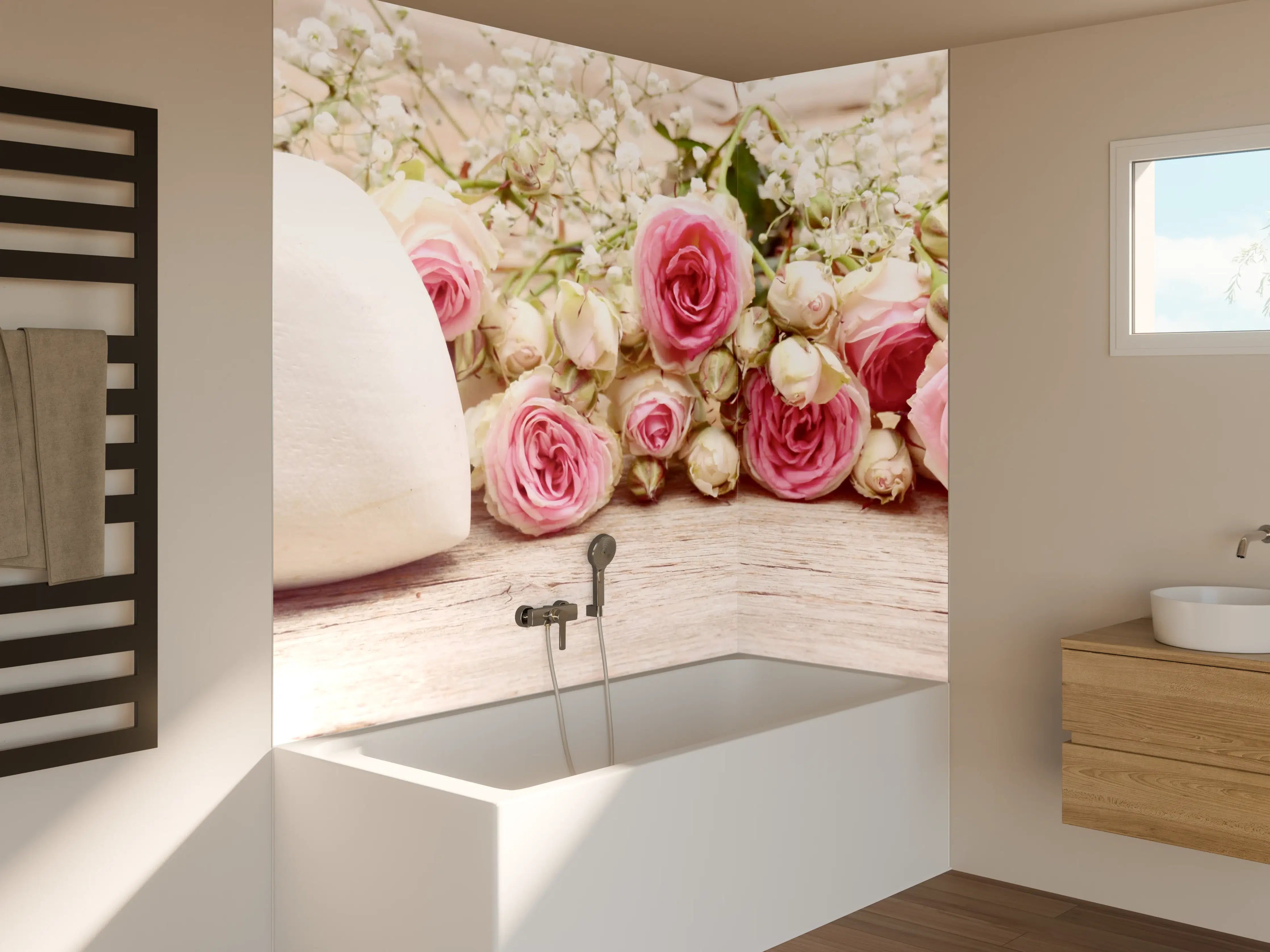 Badewannen-Rückwand - Romantische Blumen und Herzen-Dekor