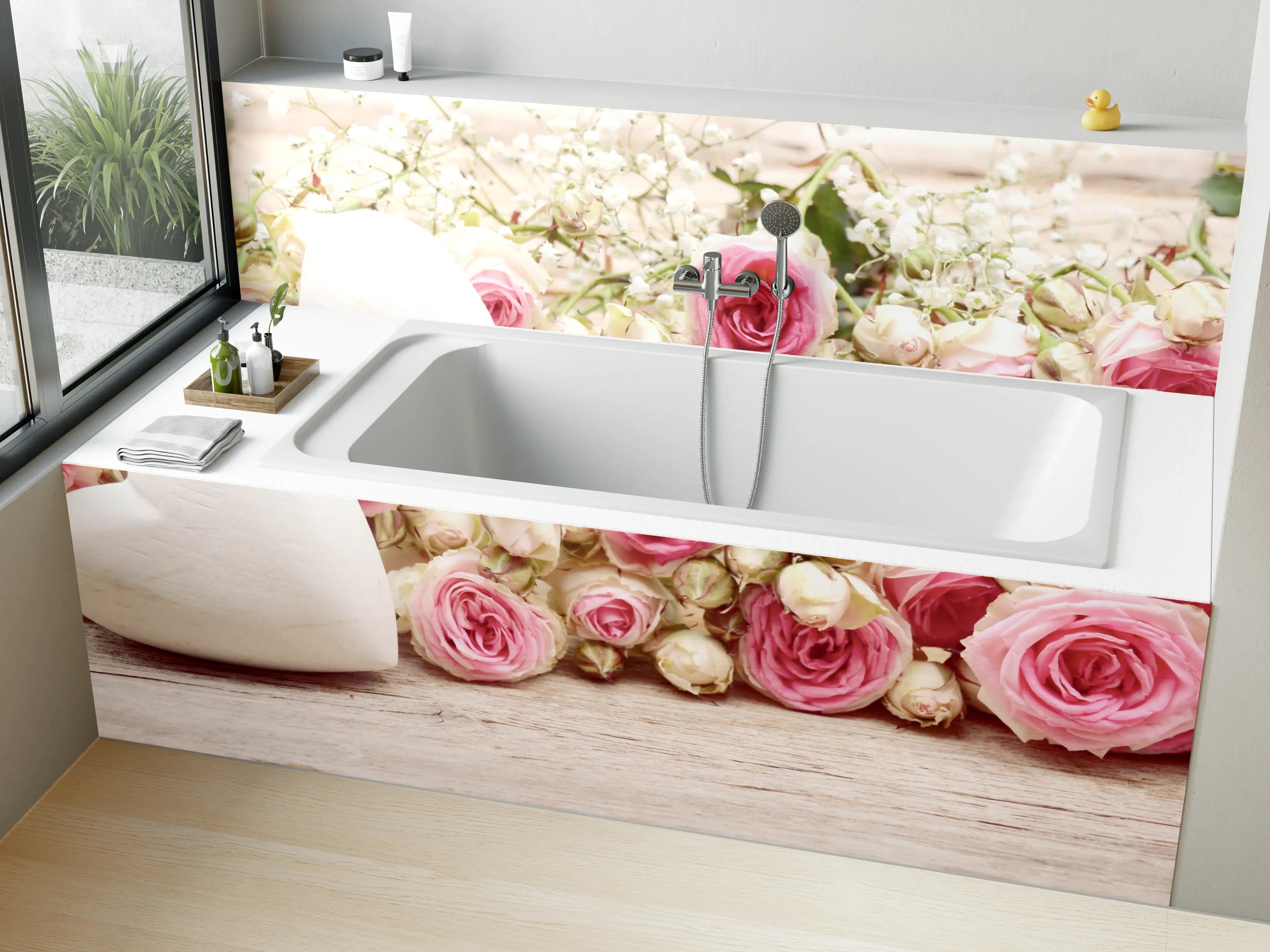 Badewannen-Rückwand - Romantische Blumen und Herzen-Dekor