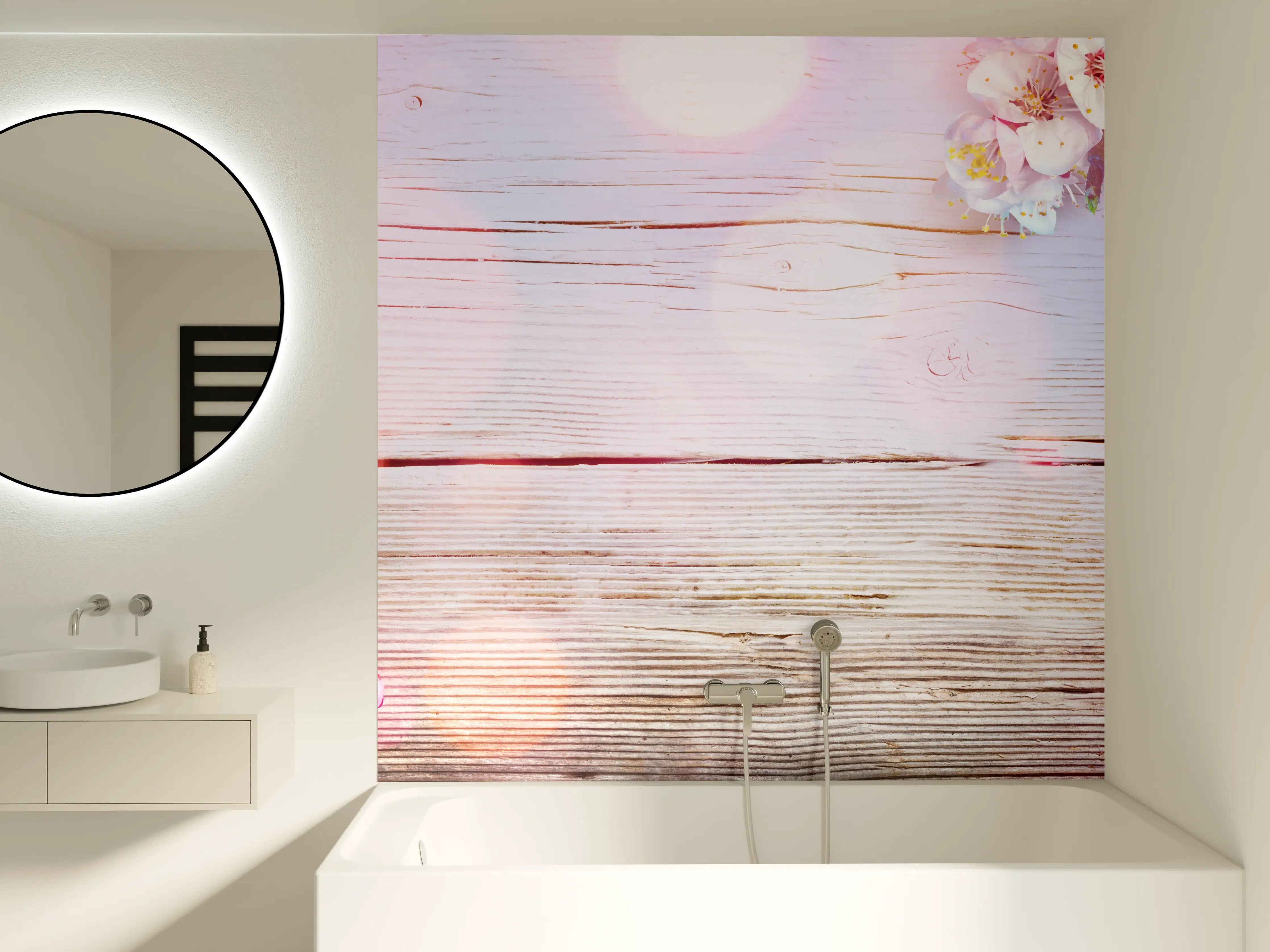 Badewannen-Rückwand - Rosa Blüten auf Holzplatte