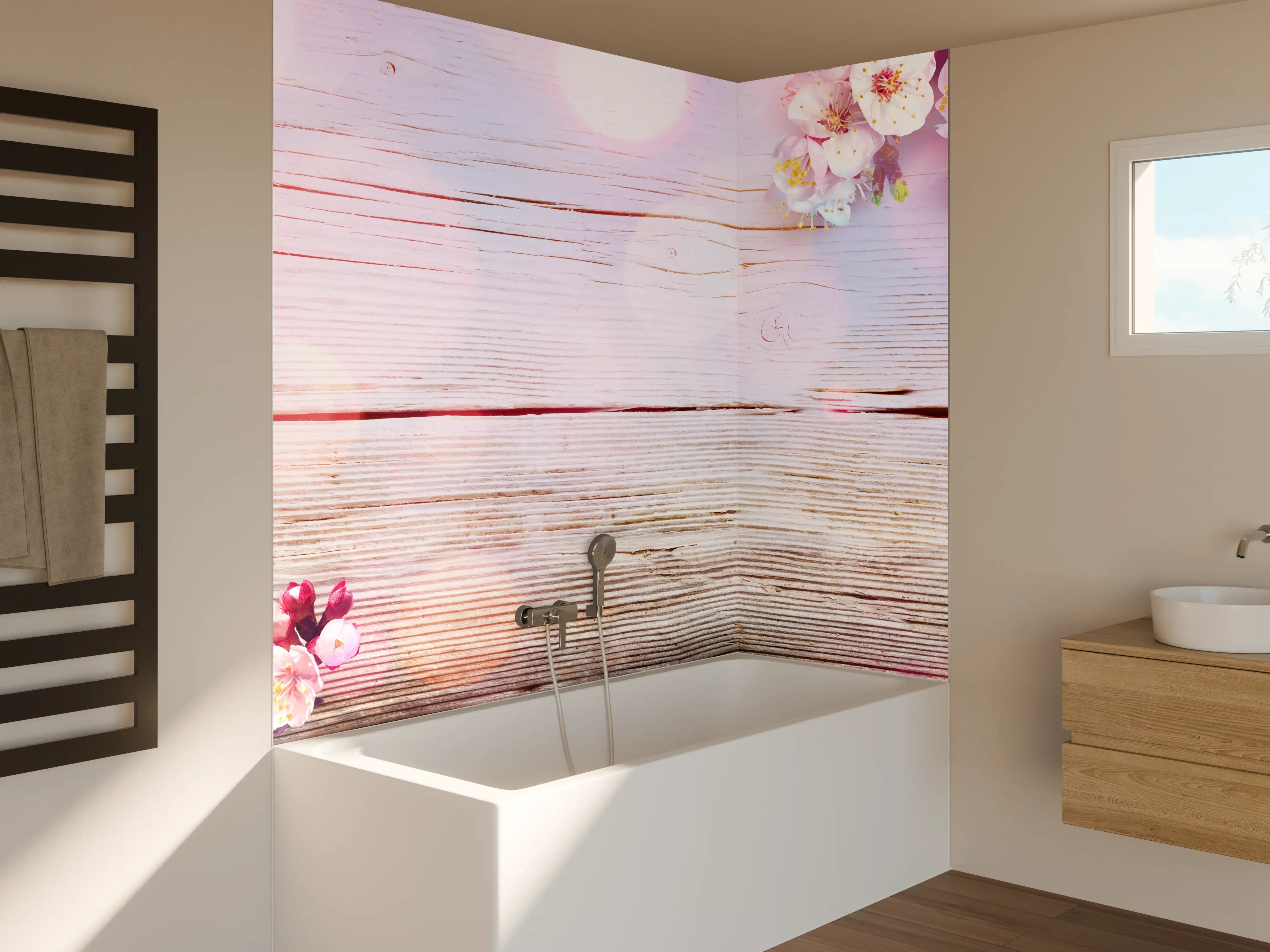 Badewannen-Rückwand - Rosa Blüten auf Holzplatte