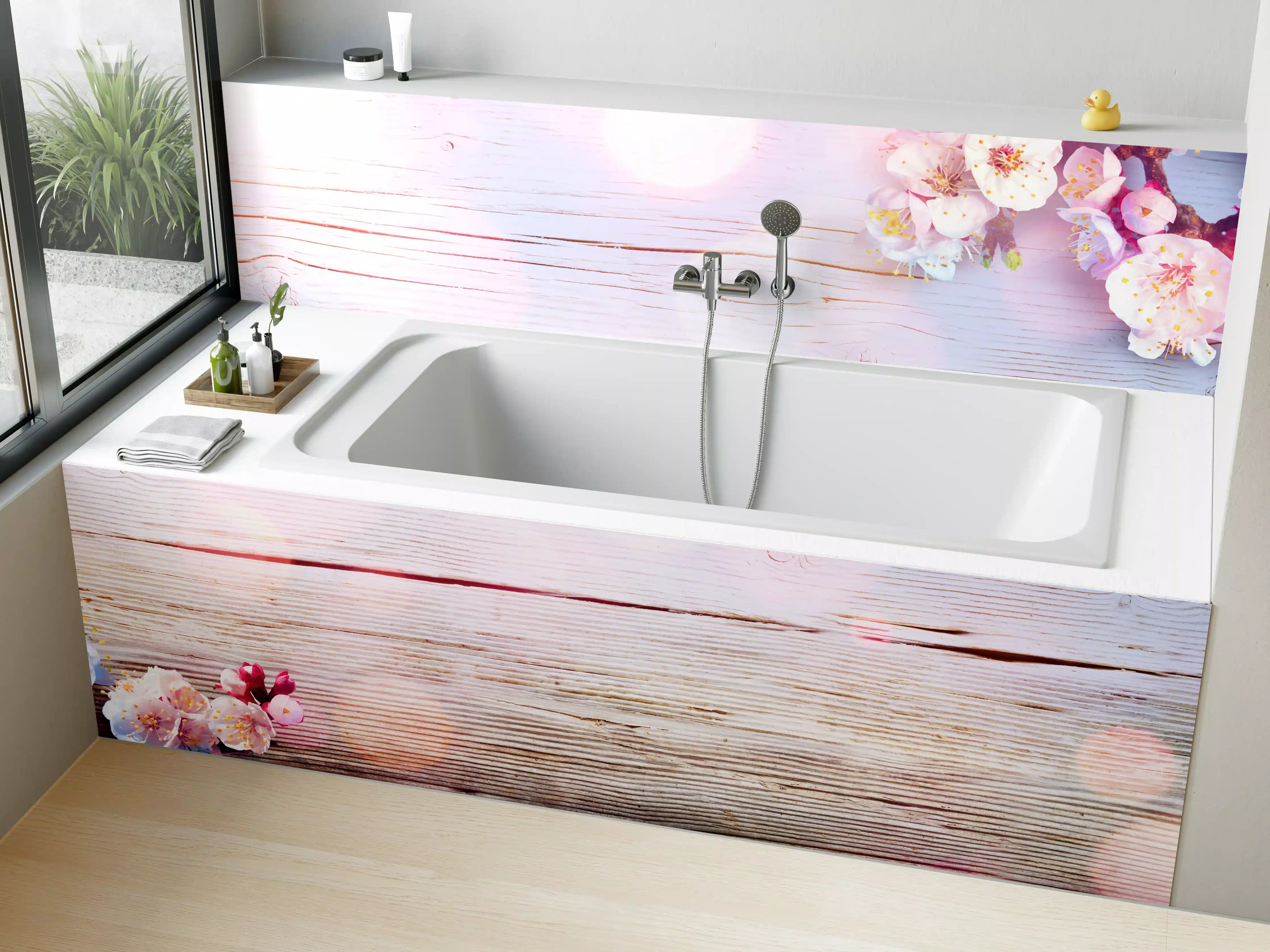 Badewannen-Rückwand - Rosa Blüten auf Holzplatte