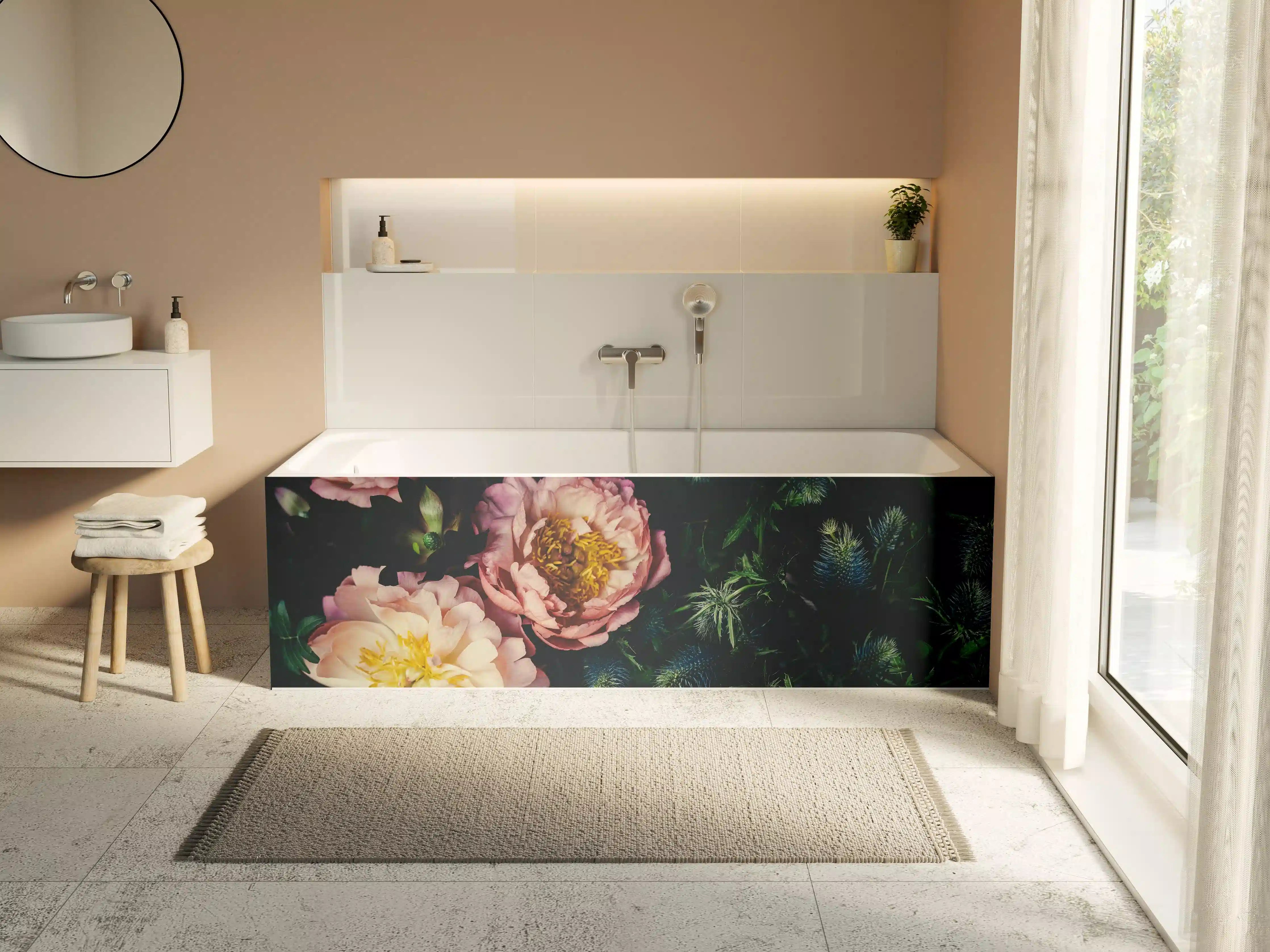 Badewannen-Rückwand - Rosa Blüten auf einer Wiese