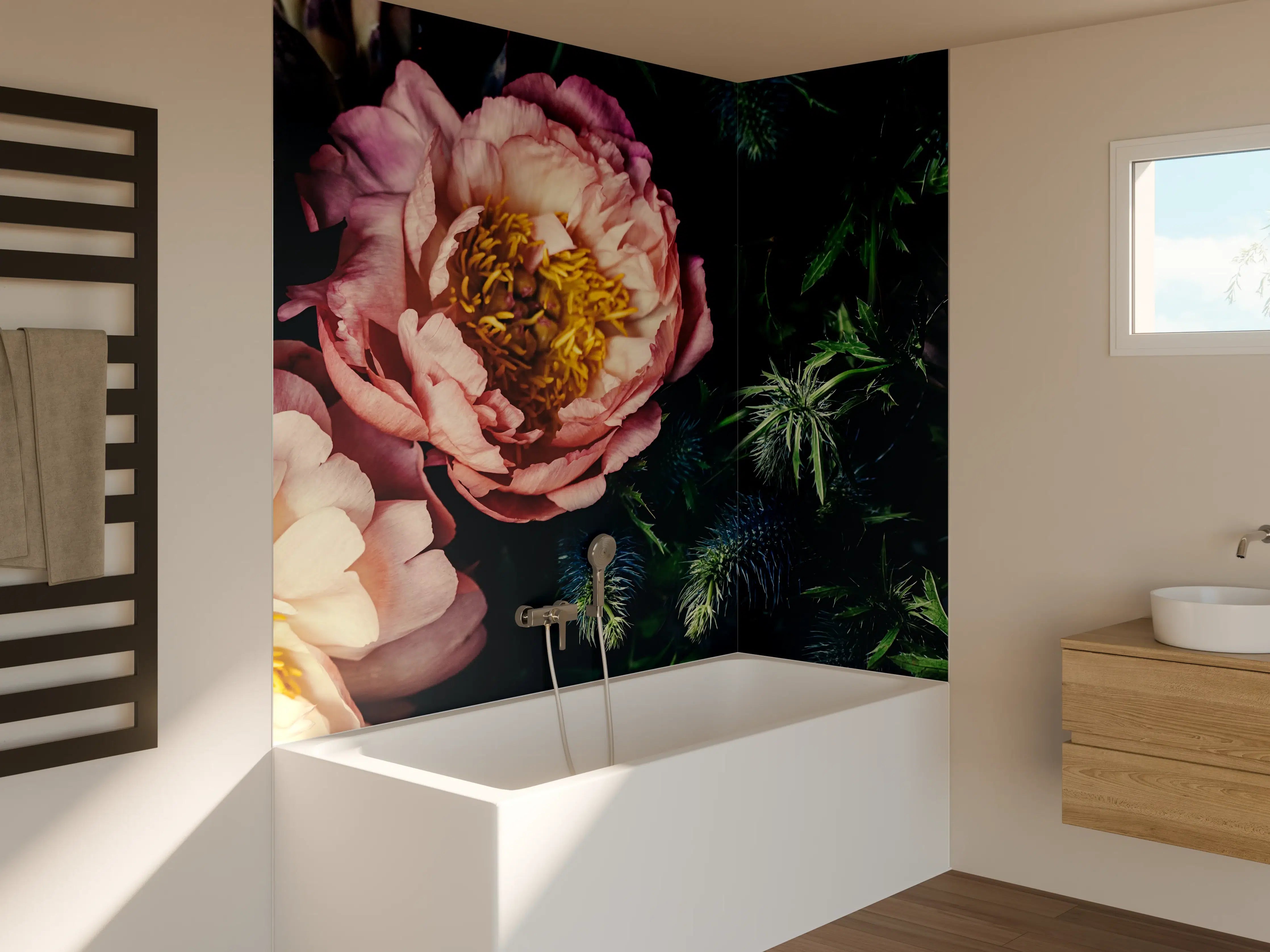 Badewannen-Rückwand - Rosa Blüten auf einer Wiese