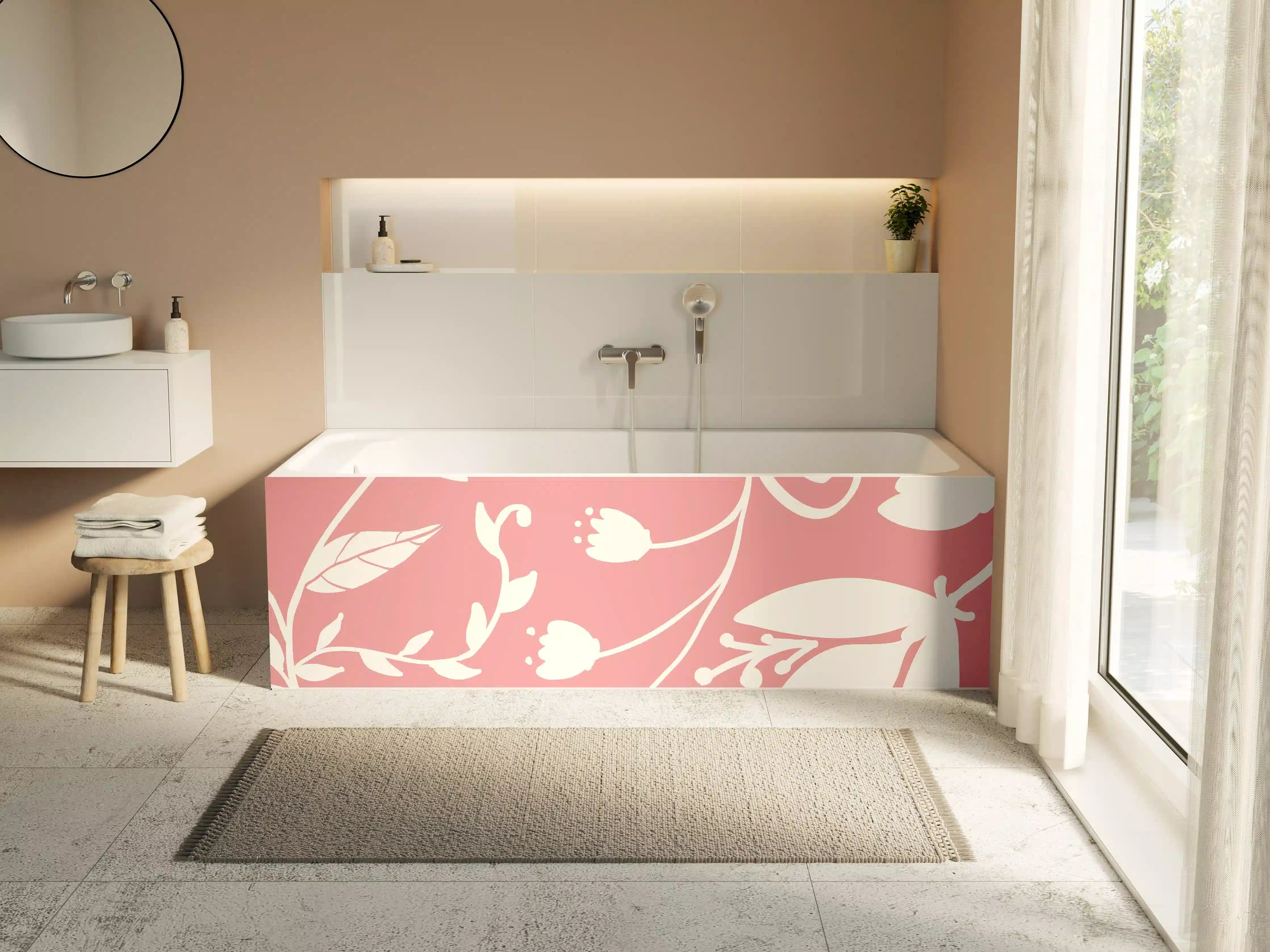 Badewannen-Rückwand - Rosa Blütenmuster Wanddesign