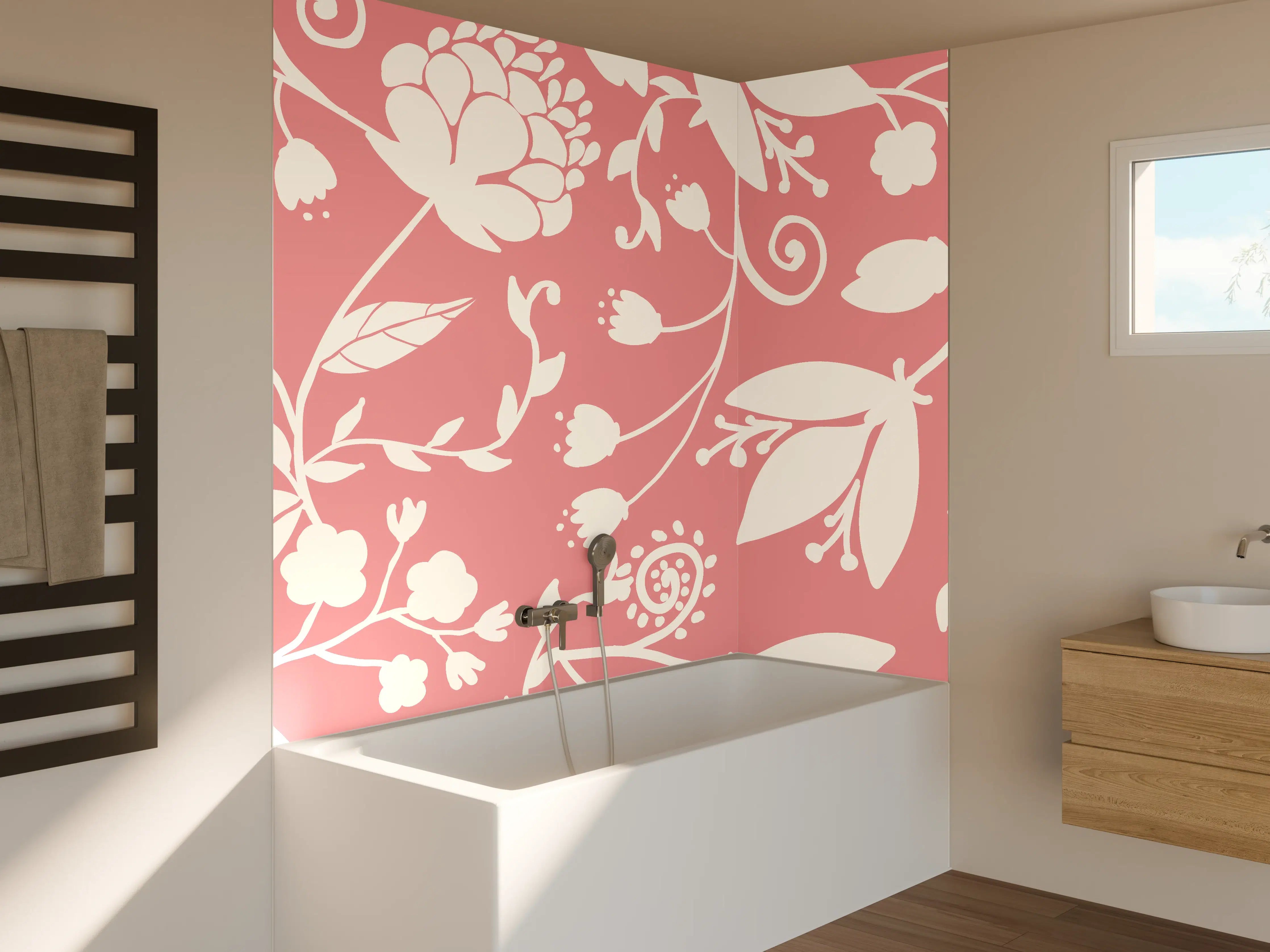 Badewannen-Rückwand - Rosa Blütenmuster Wanddesign