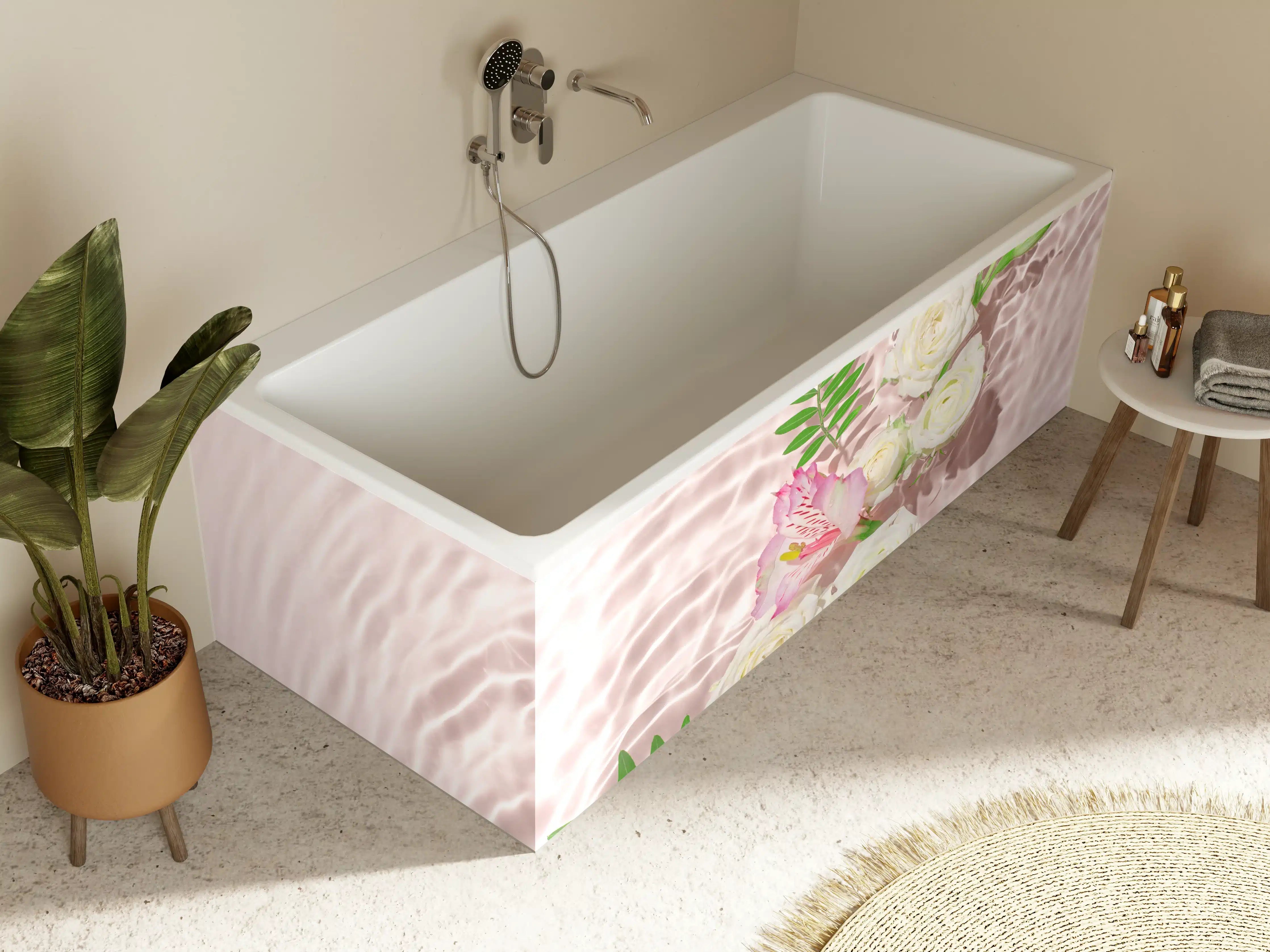 Badewannen-Rückwand - Rosa Blumen auf Wasser