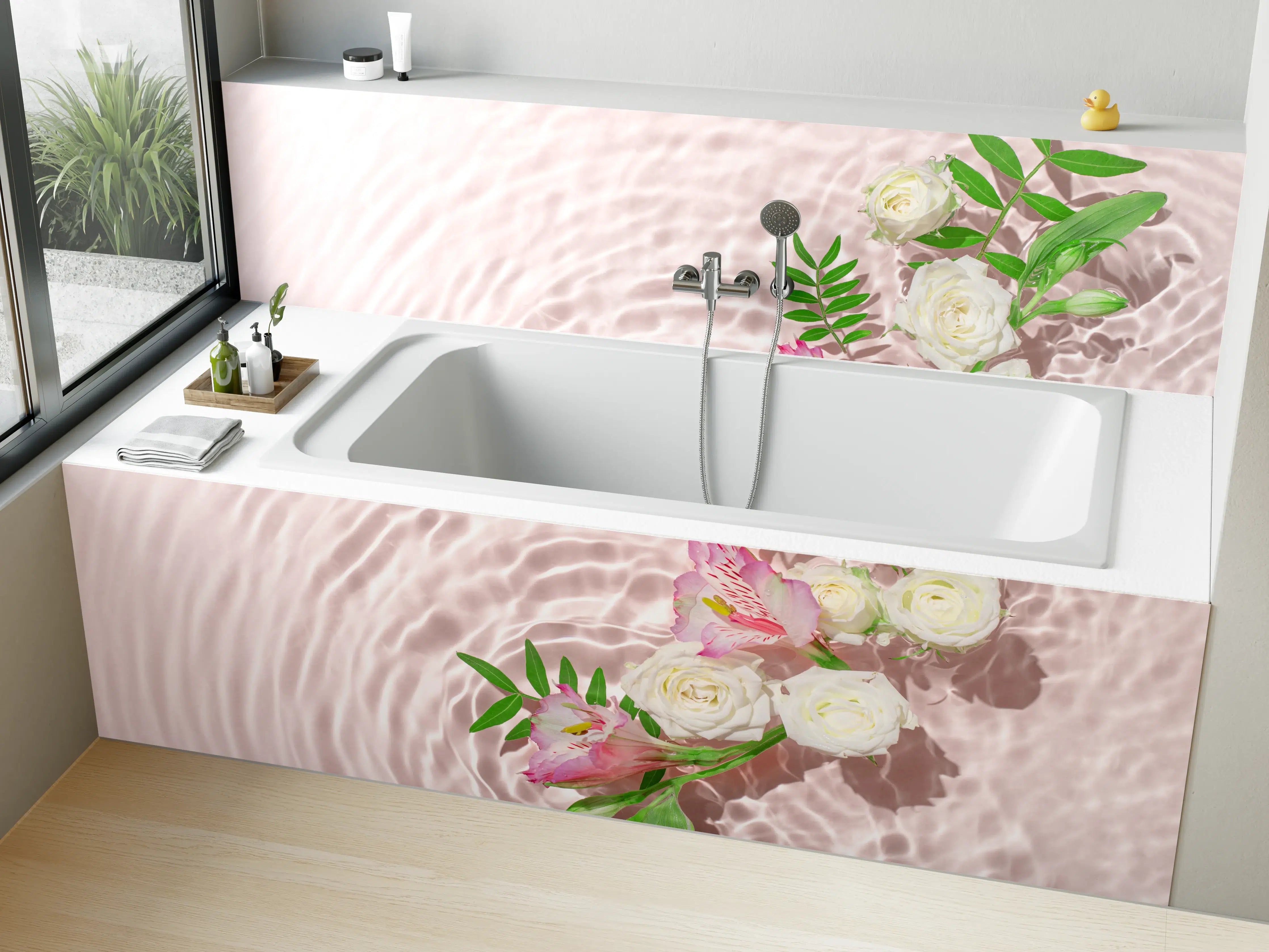 Badewannen-Rückwand - Rosa Blumen auf Wasser