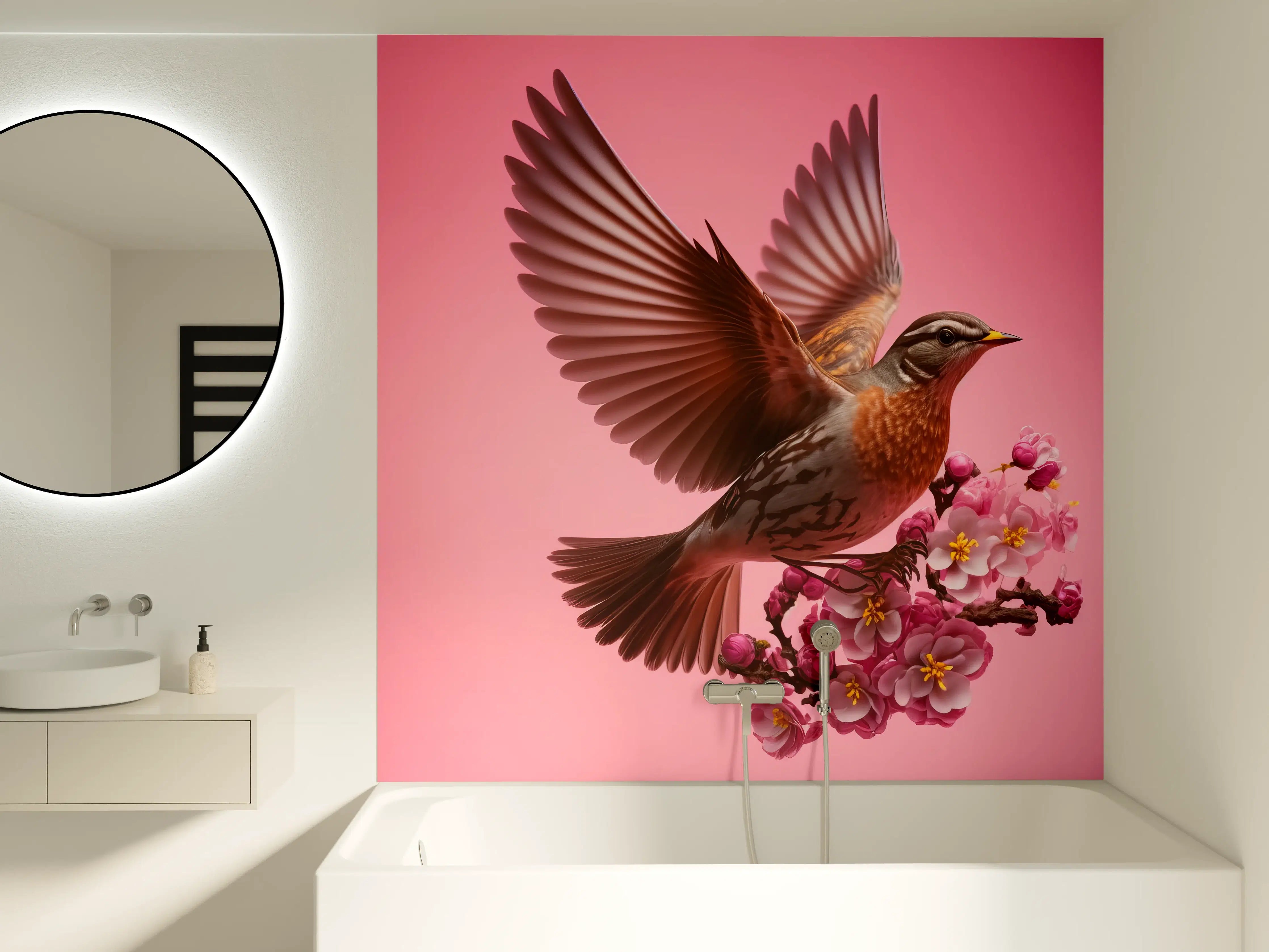 Badewannen-Rückwand - Rosa Kirschblüten Vogelflug