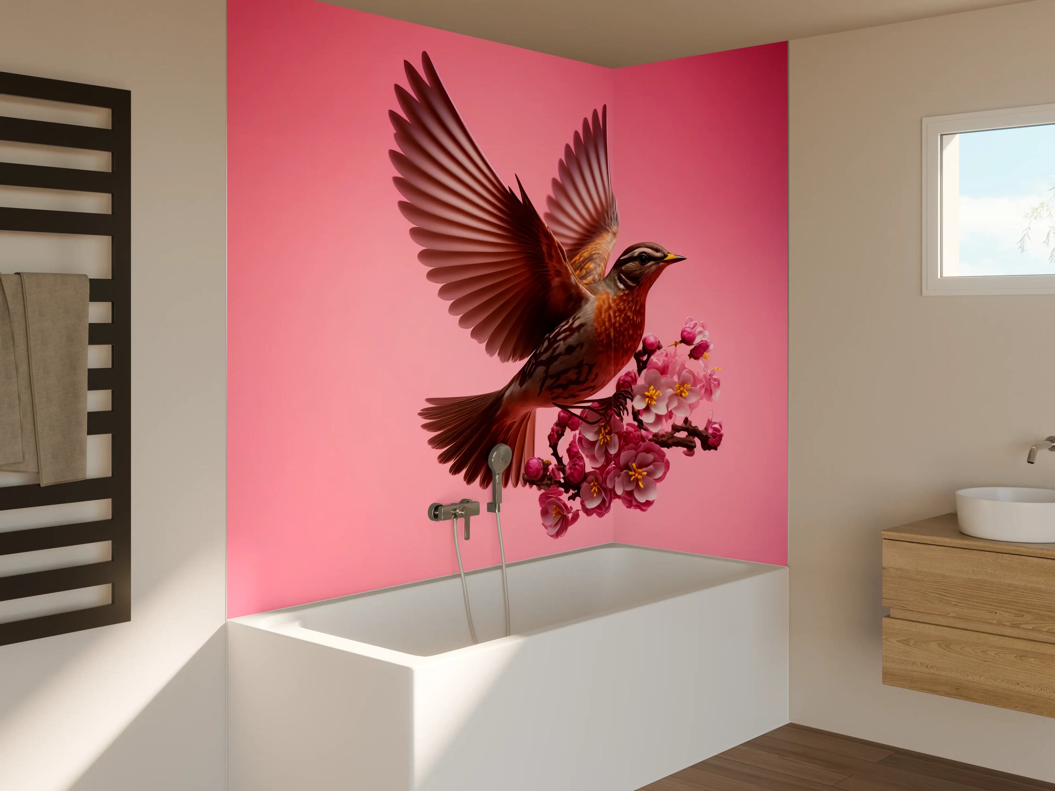 Badewannen-Rückwand - Rosa Kirschblüten Vogelflug