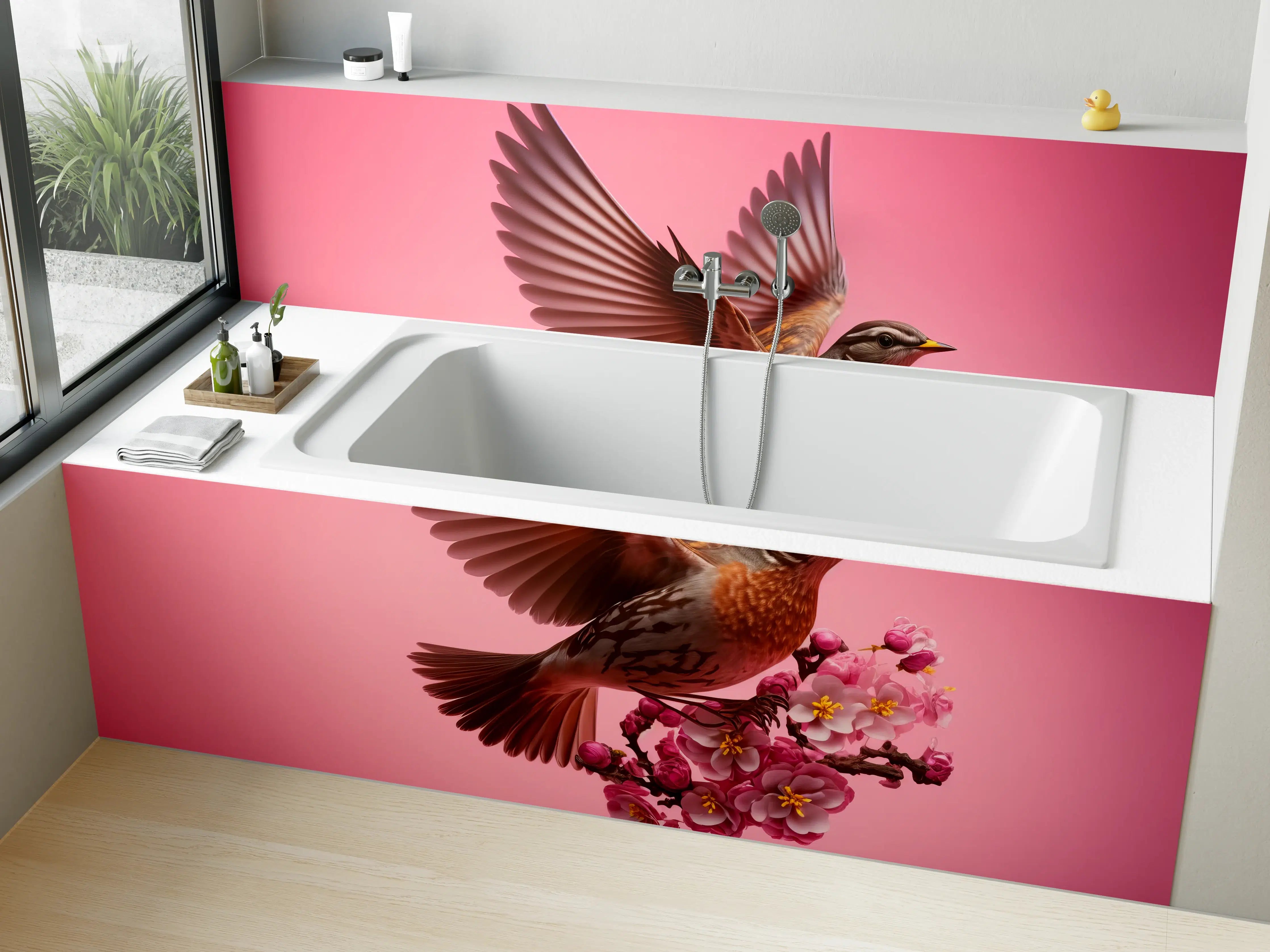 Badewannen-Rückwand - Rosa Kirschblüten Vogelflug