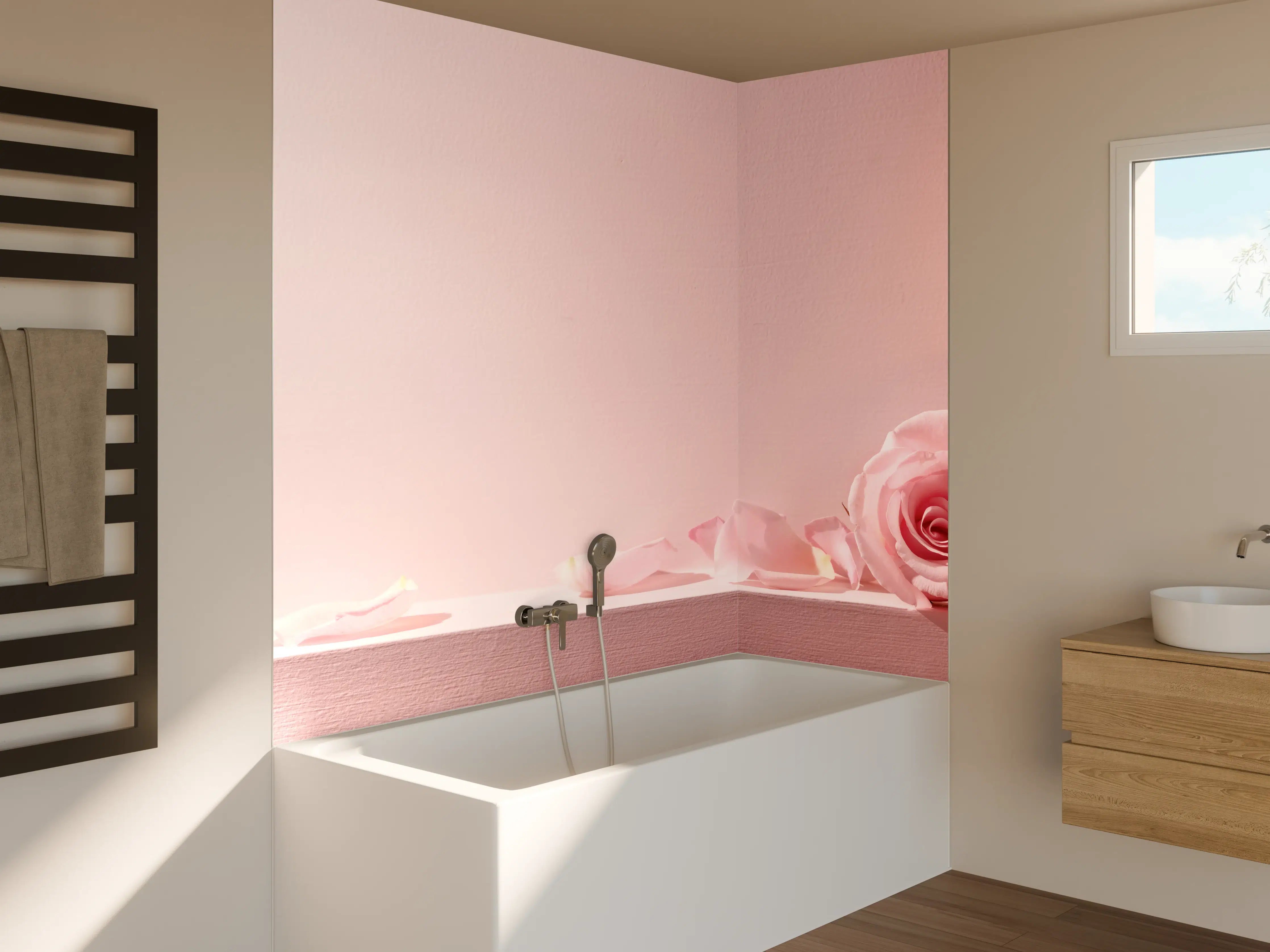 Badewannen-Rückwand - Rosa Rosen und Kerze auf einem rosa Hintergrund