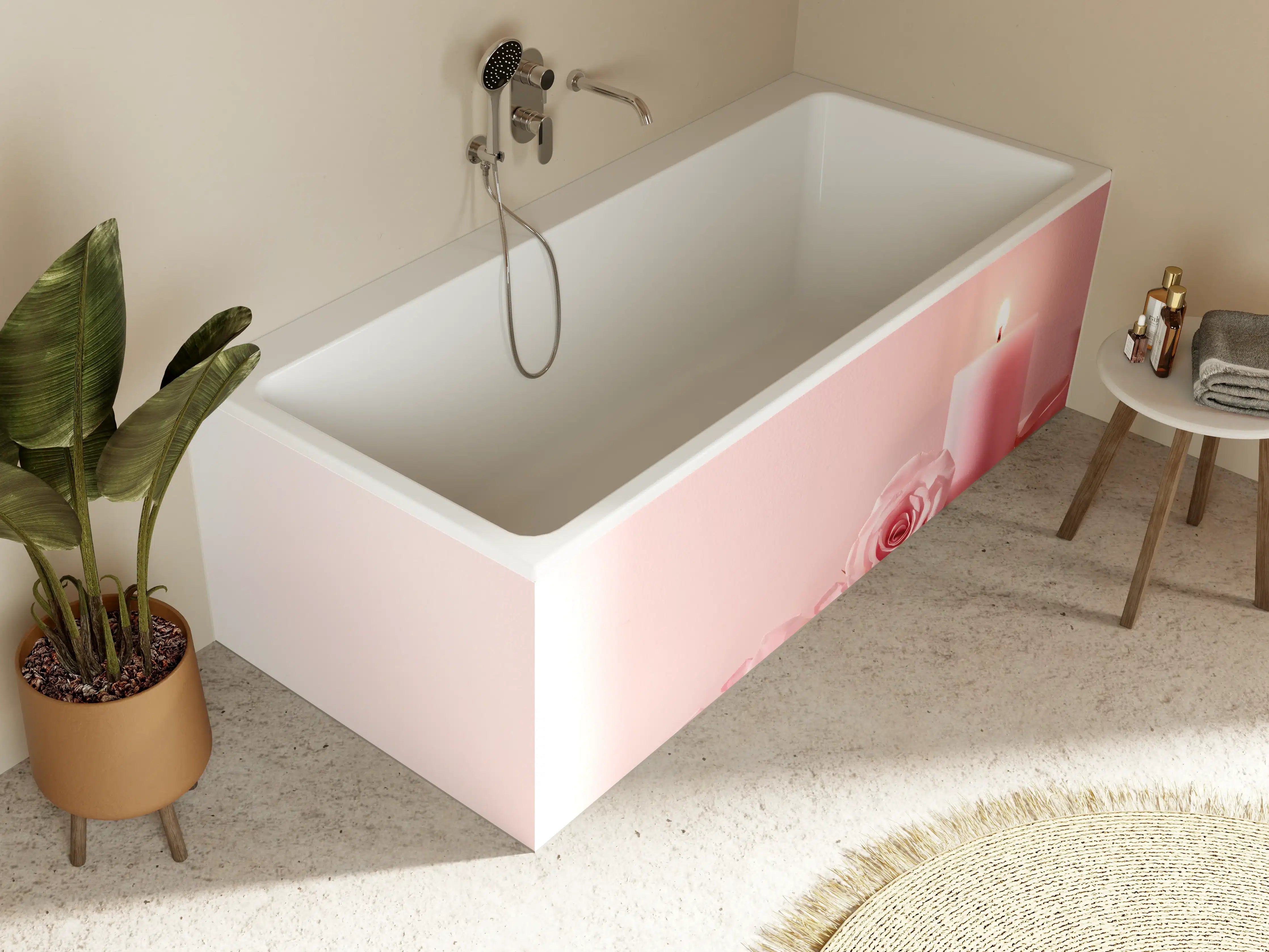 Badewannen-Rückwand - Rosa Rosen und Kerze auf einem rosa Hintergrund