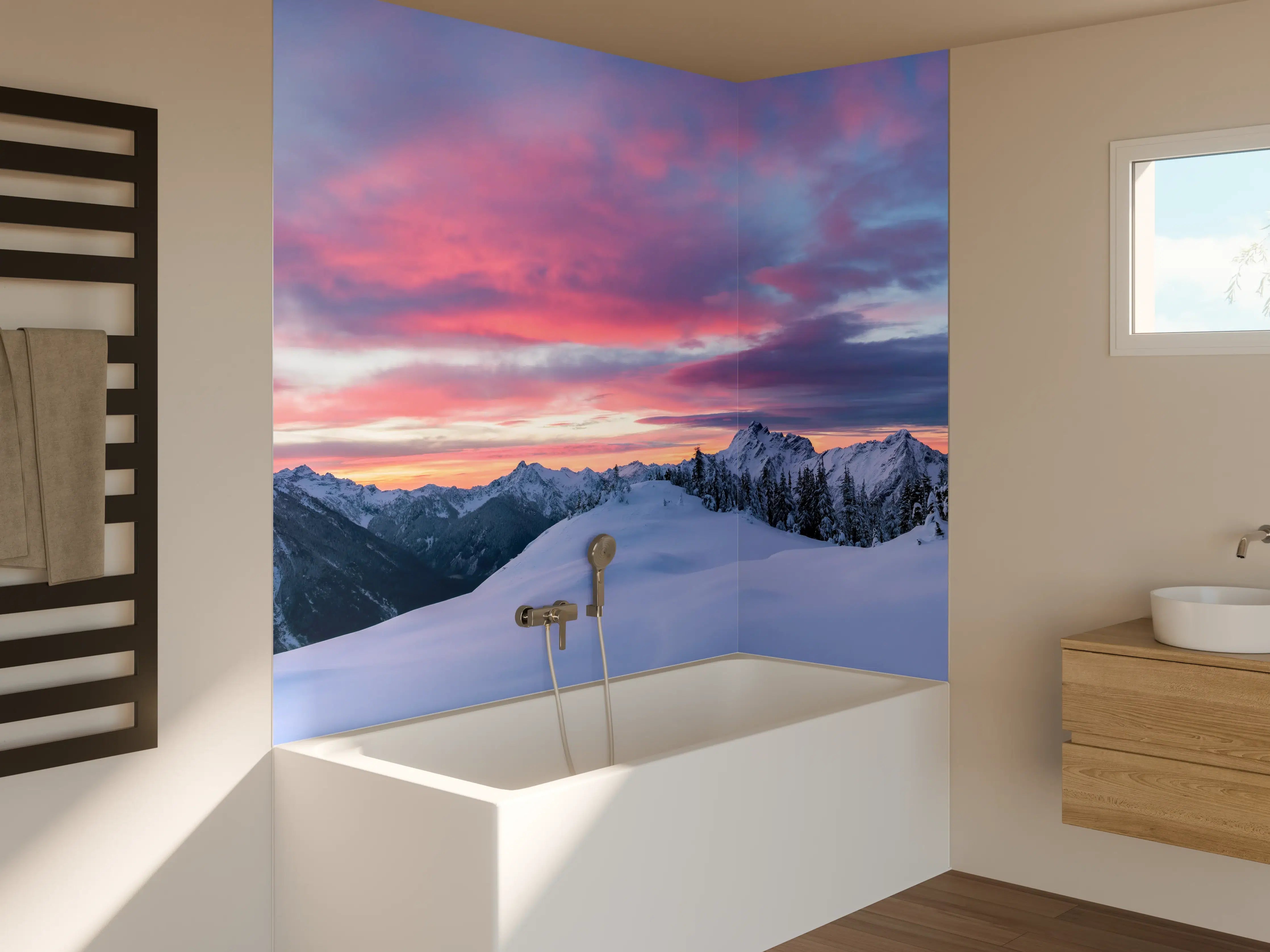 Badewannen-Rückwand - Rosa Sonnenuntergang Bergpanorama
