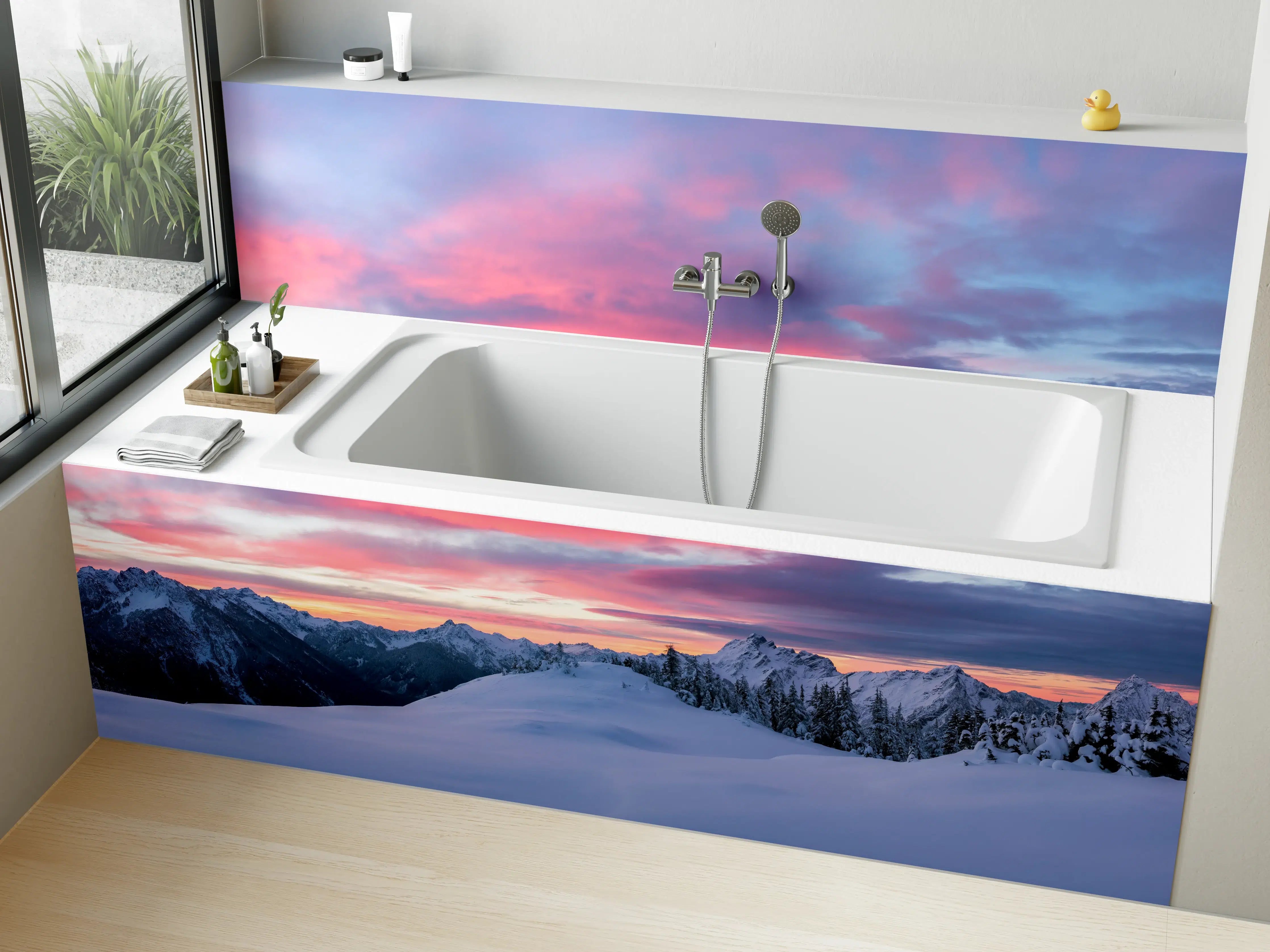 Badewannen-Rückwand - Rosa Sonnenuntergang Bergpanorama
