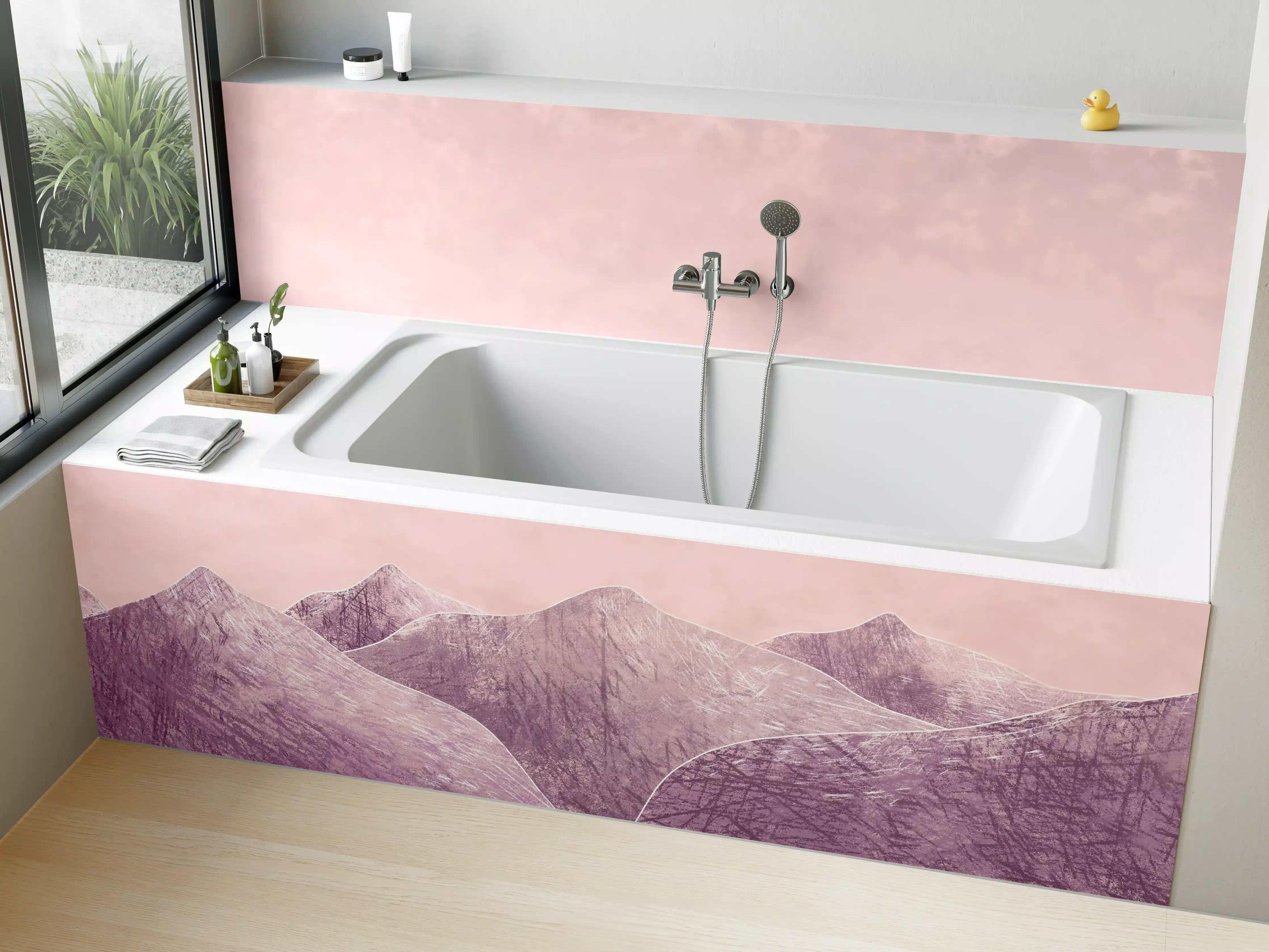 Badewannen-Rückwand - Rosa-lilane Berglandschaft - Kunstmalerei
