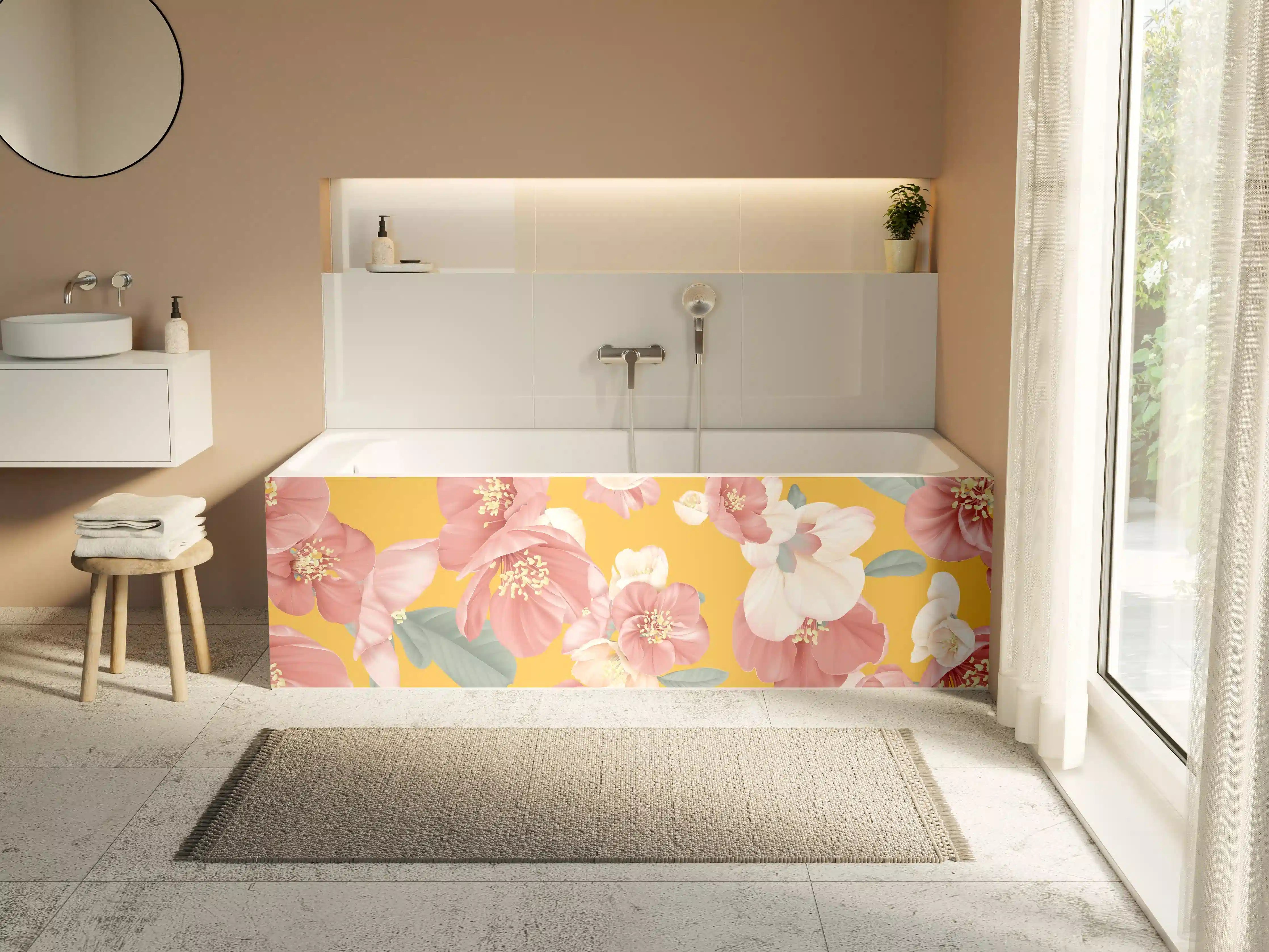 Badewannen-Rückwand - Rosa-weiße Blüten