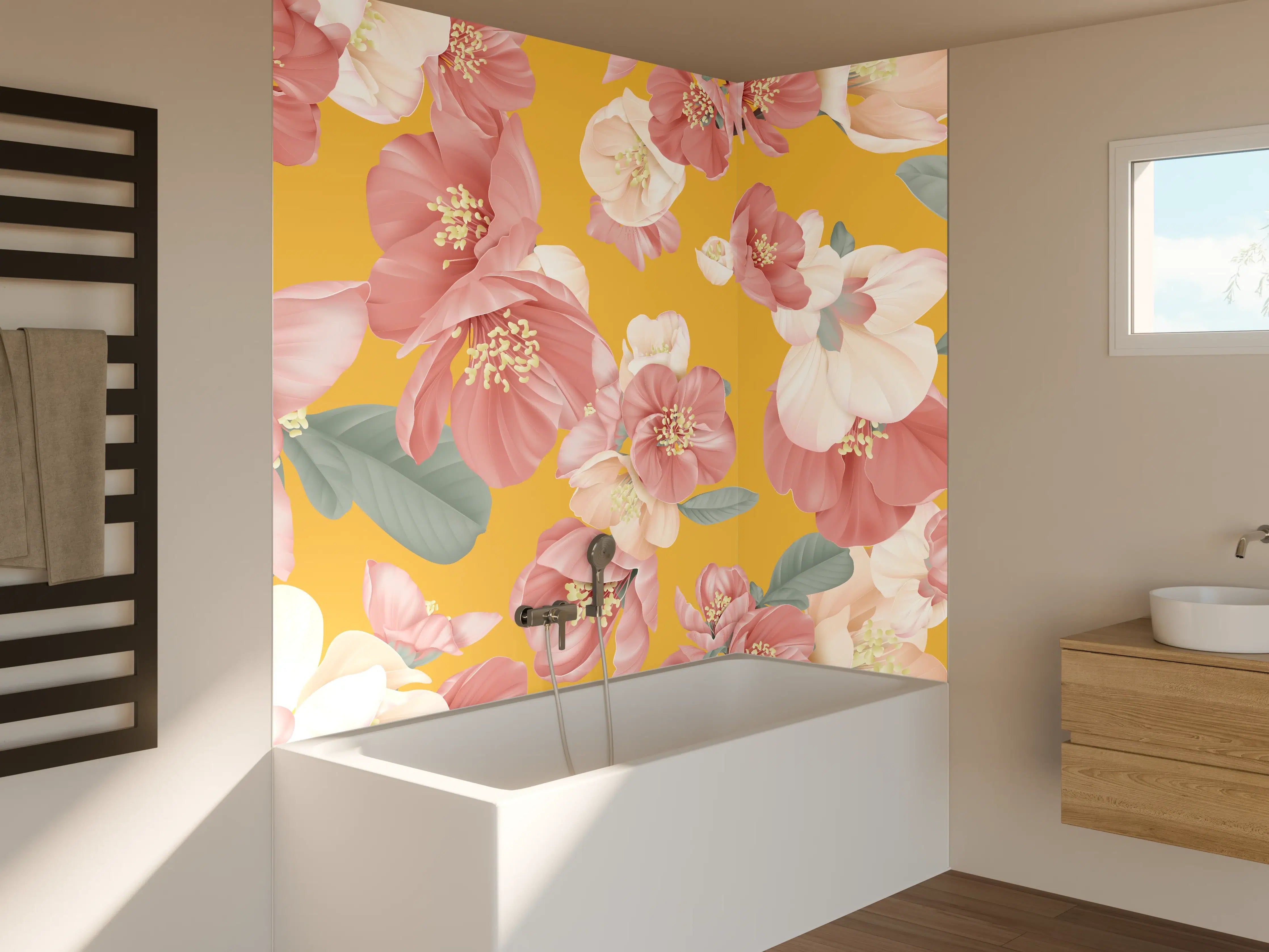 Badewannen-Rückwand - Rosa-weiße Blüten