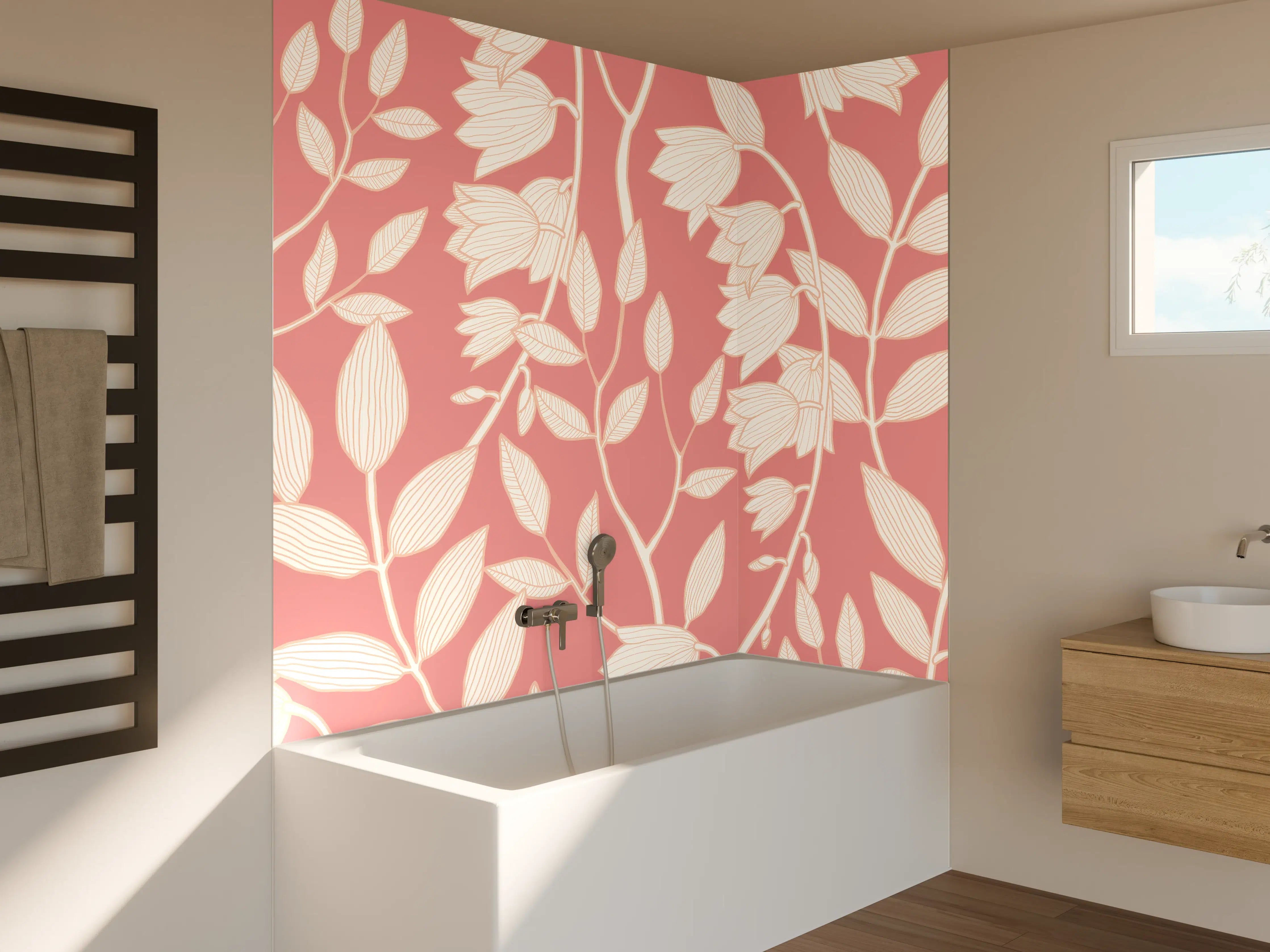 Badewannen-Rückwand - Rosafarbenes Blattmuster Tapetendesign