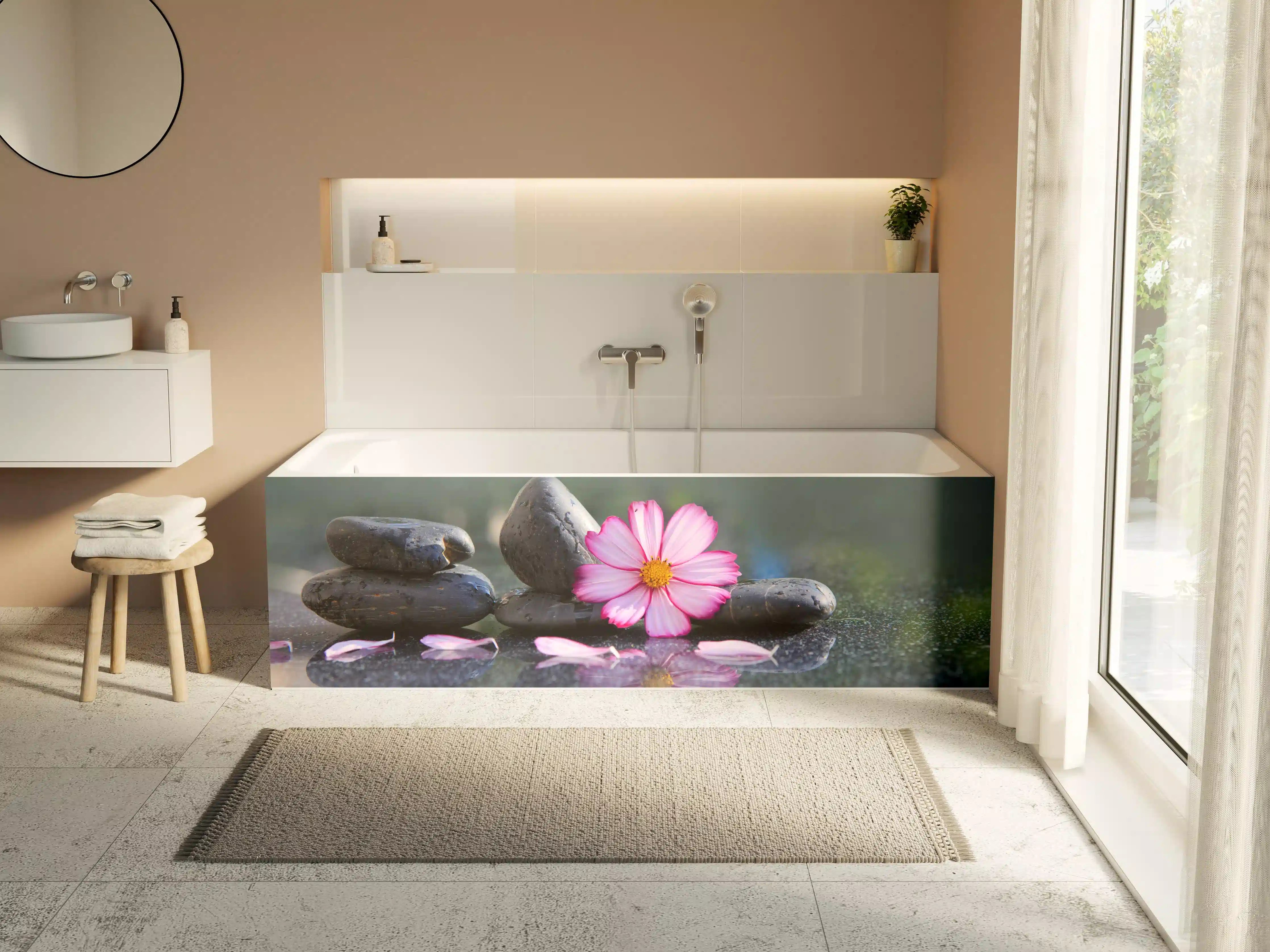 Badewannen-Rückwand - Rosen am Wasser mit glatten Steinen