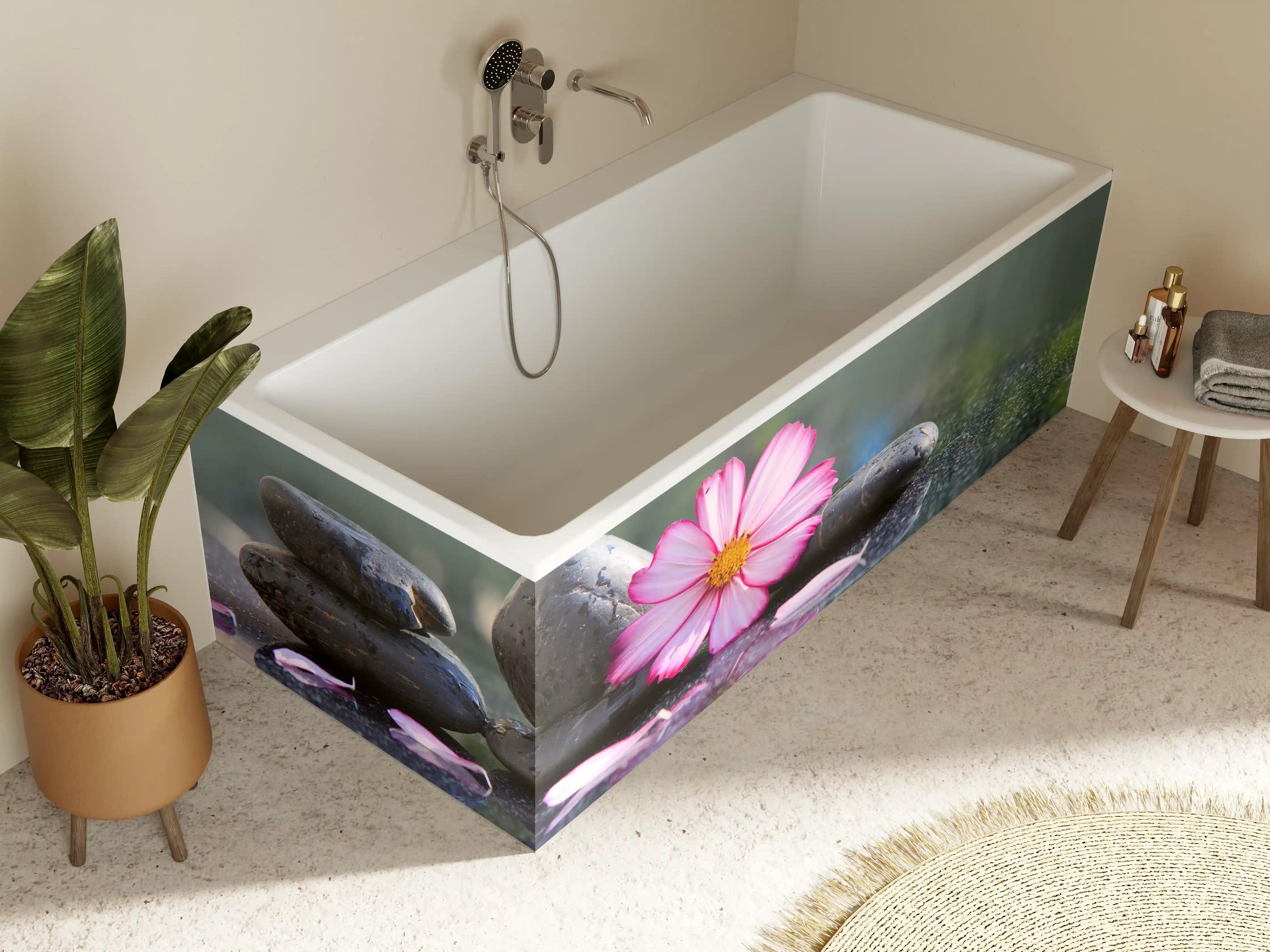 Badewannen-Rückwand - Rosen am Wasser mit glatten Steinen