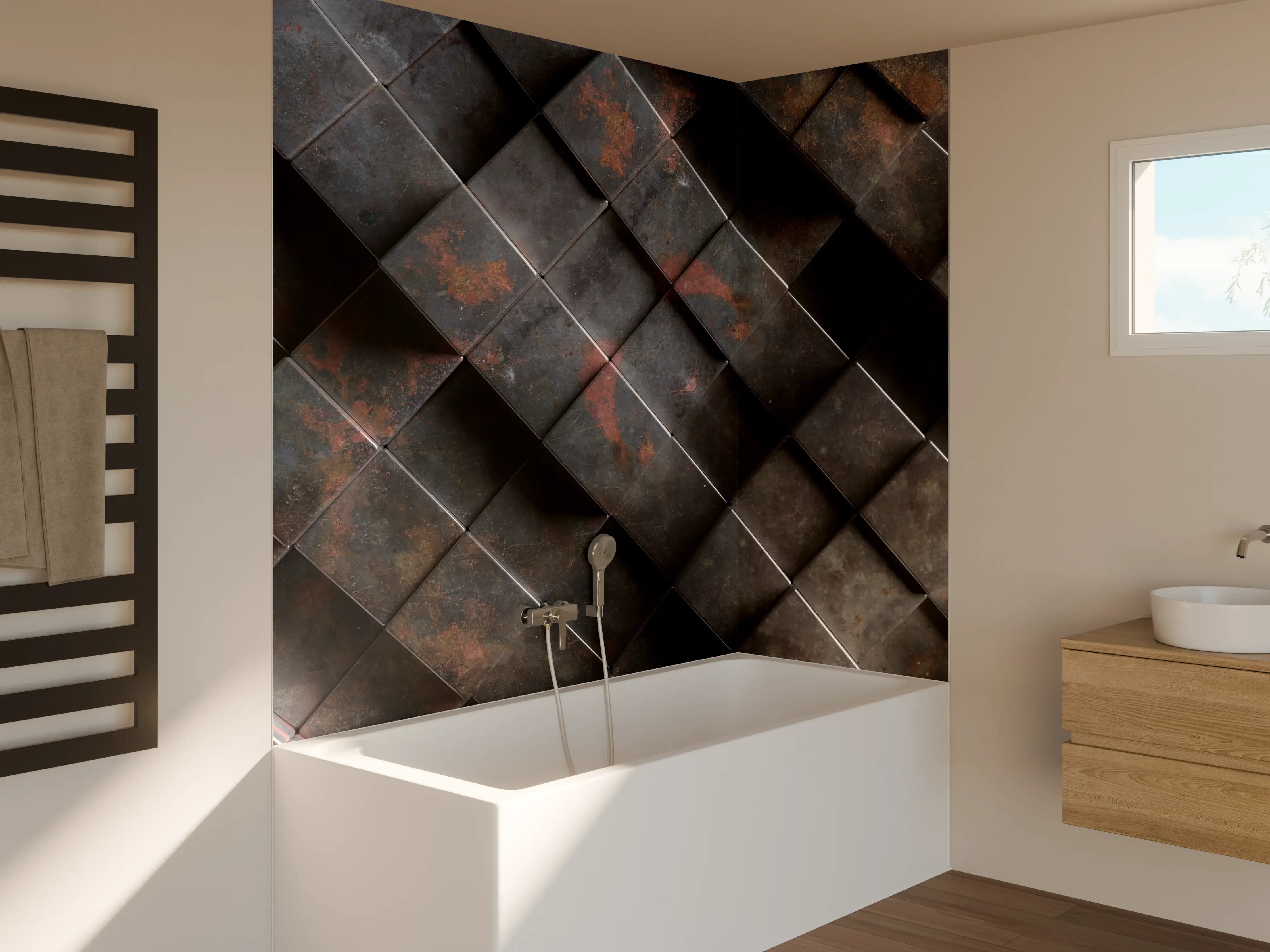 Badewannen-Rückwand - Rostige Metalloptik Würfelmuster