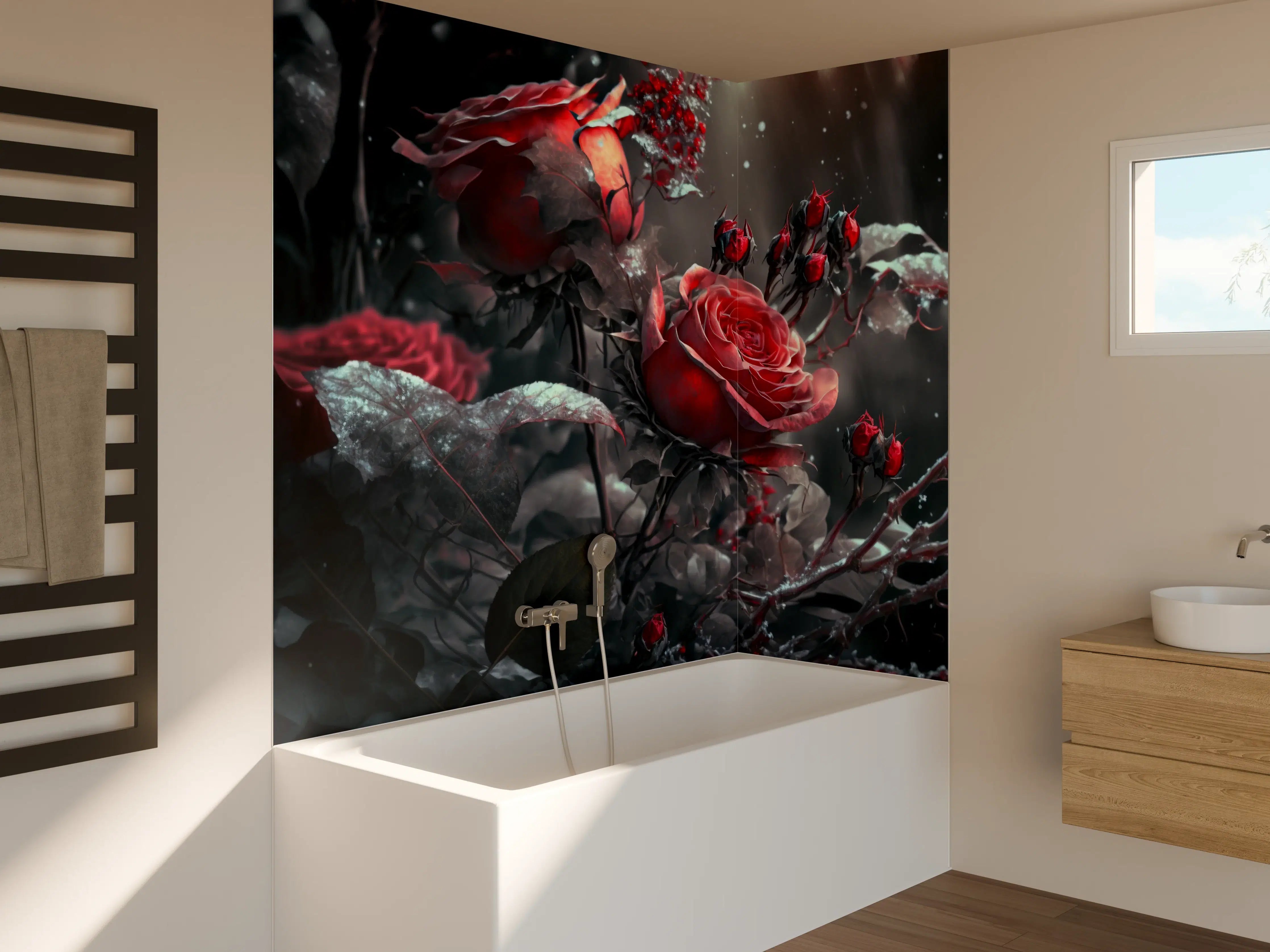 Badewannen-Rückwand - Rot-Blumen-Arrangement mit dunklem Hintergrund