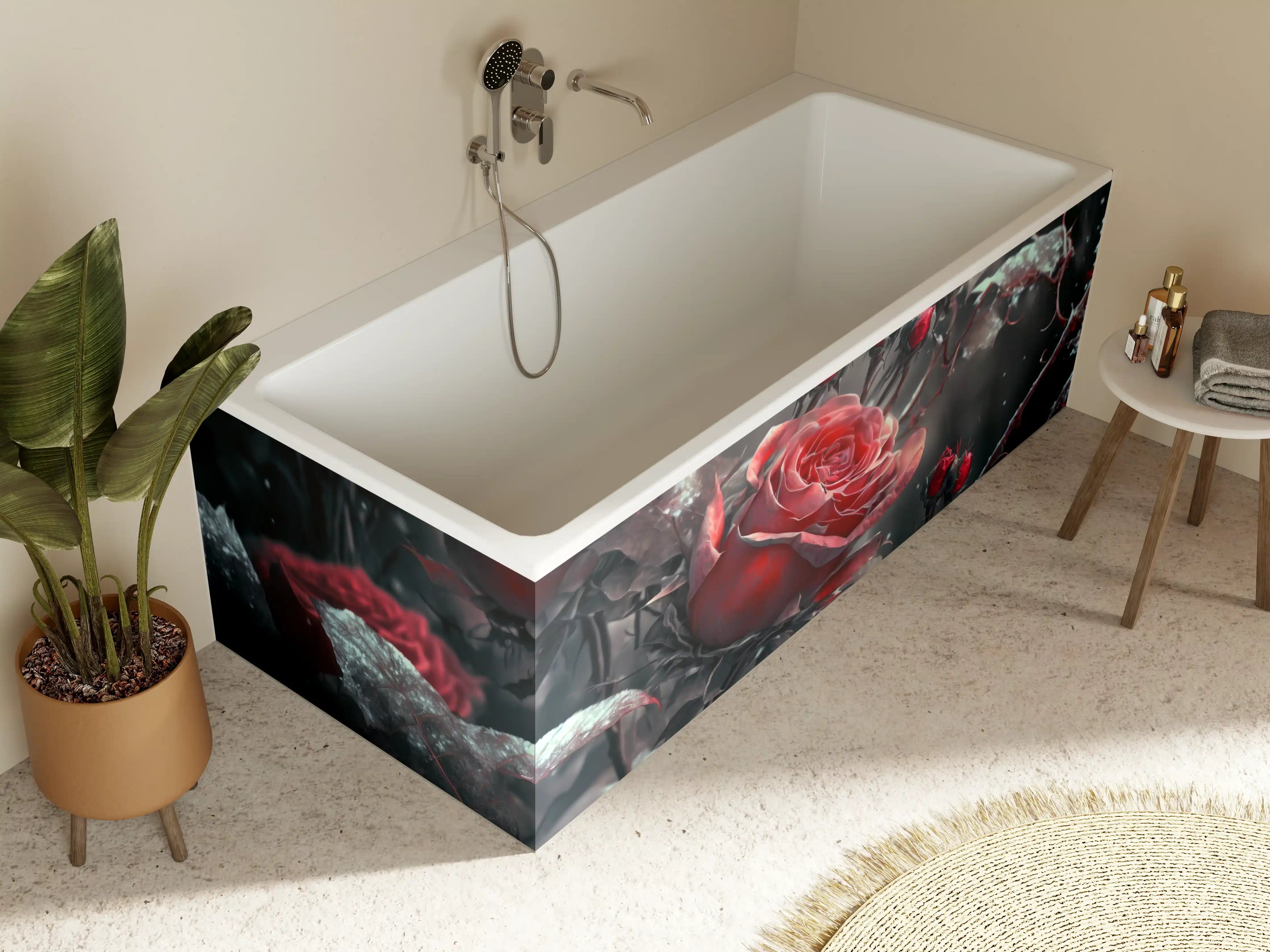 Badewannen-Rückwand - Rot-Blumen-Arrangement mit dunklem Hintergrund