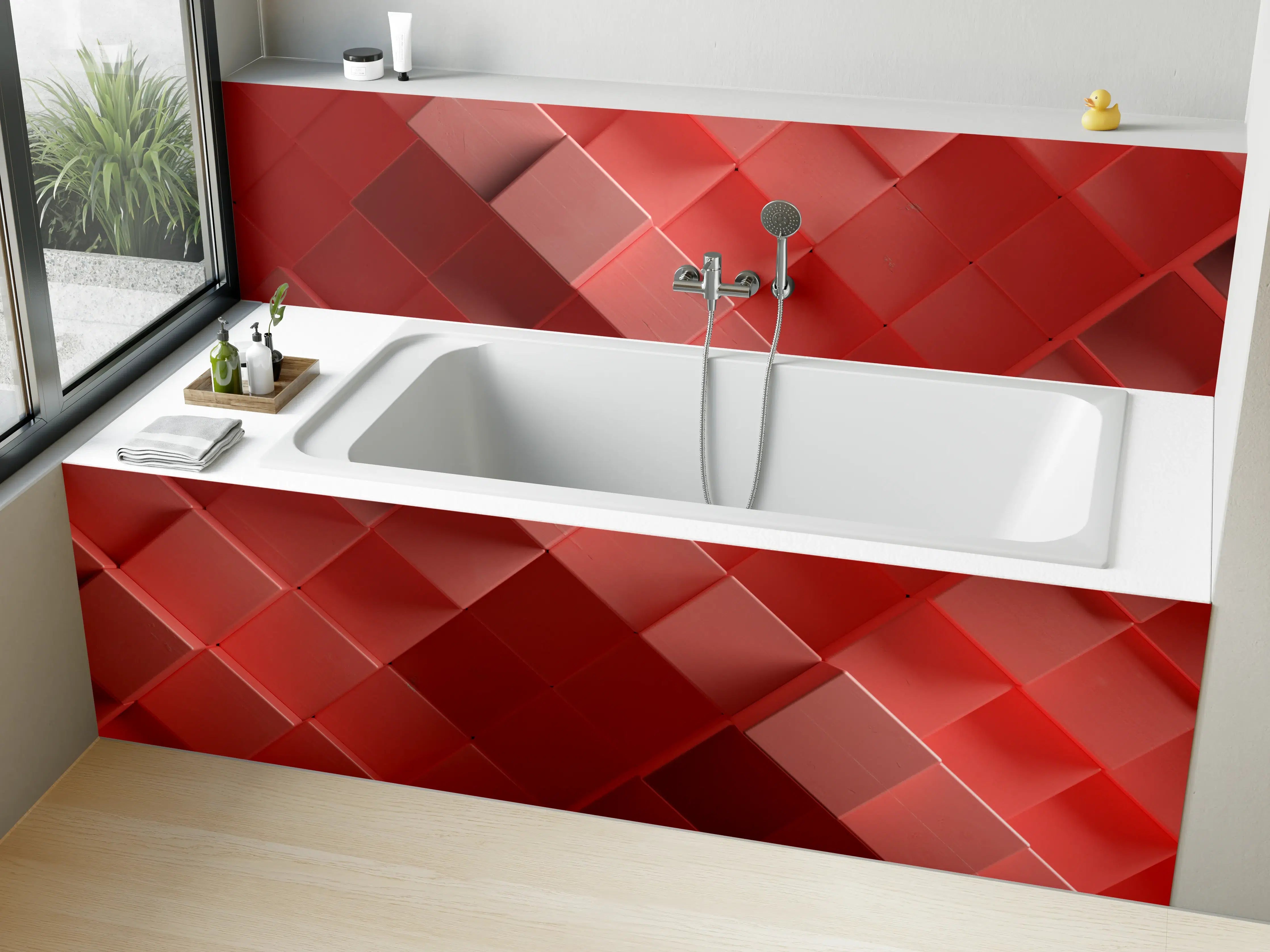 Badewannen-Rückwand - Rote 3D Würfel Struktur