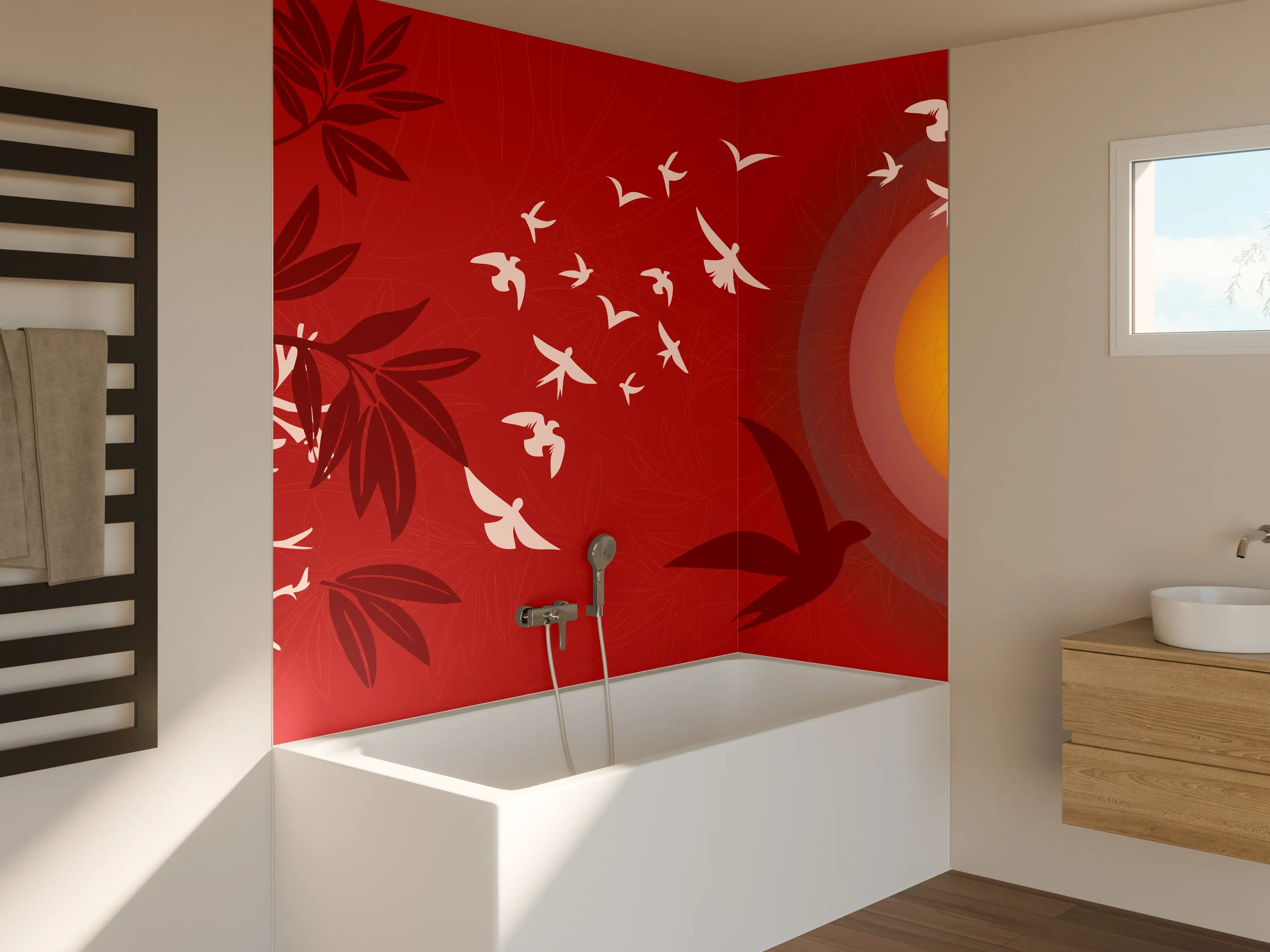 Badewannen-Rückwand - Rote Abendstimmung Vögel Silhouetten