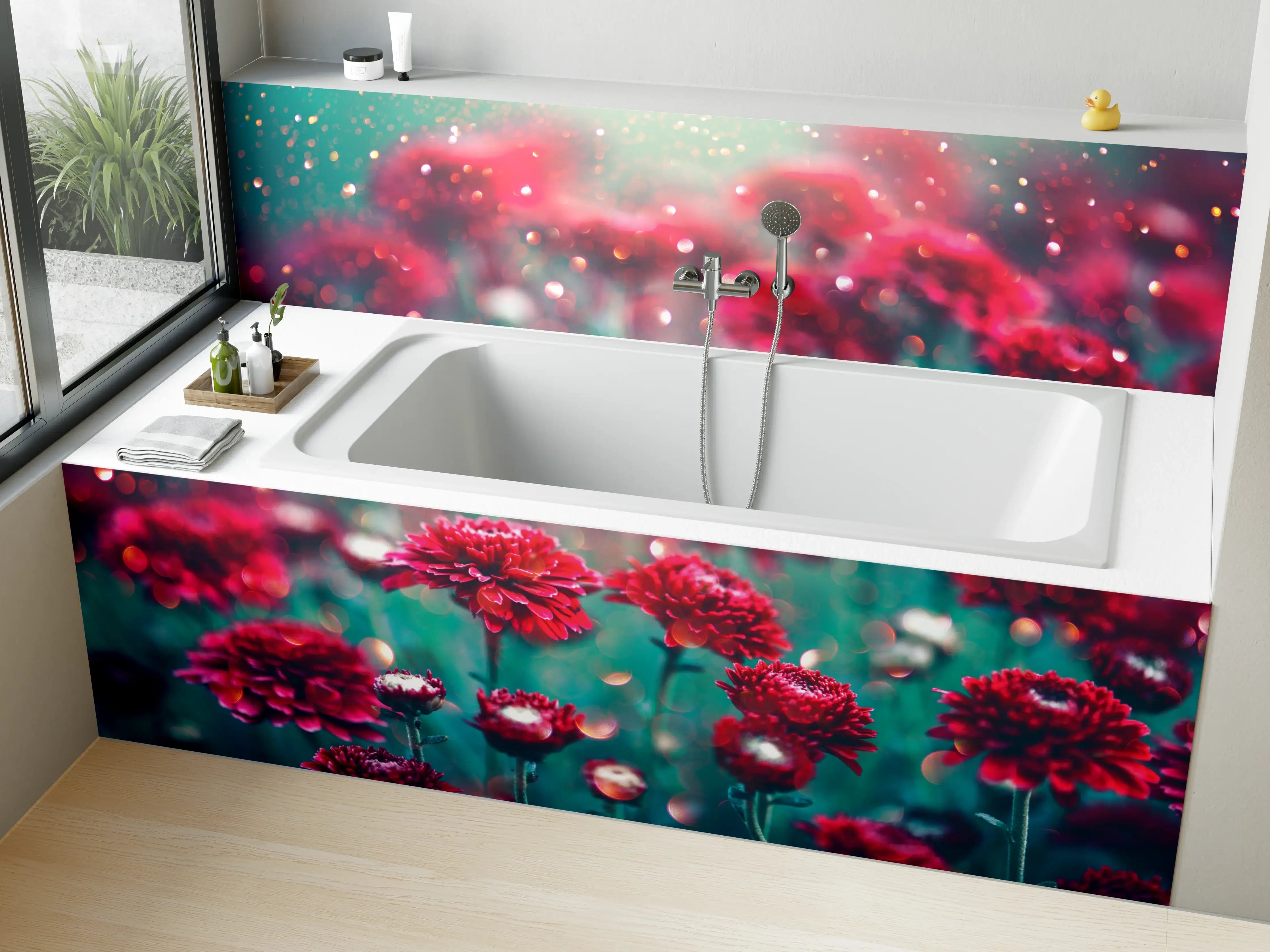 Badewannen-Rückwand - Rote Blumen funkeln im Garten