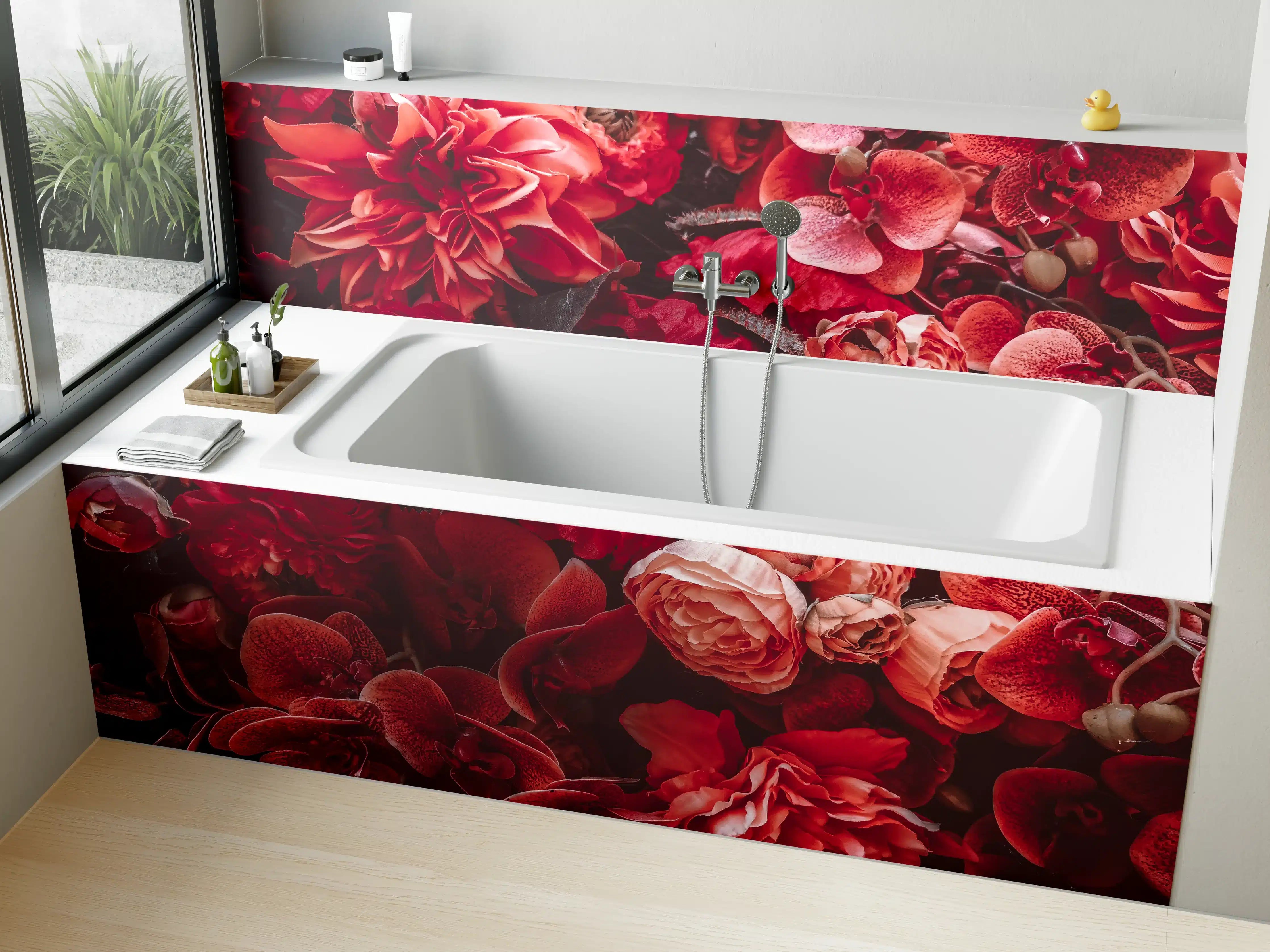 Badewannen-Rückwand - Rote Blumenvielfalt in Nahaufnahme