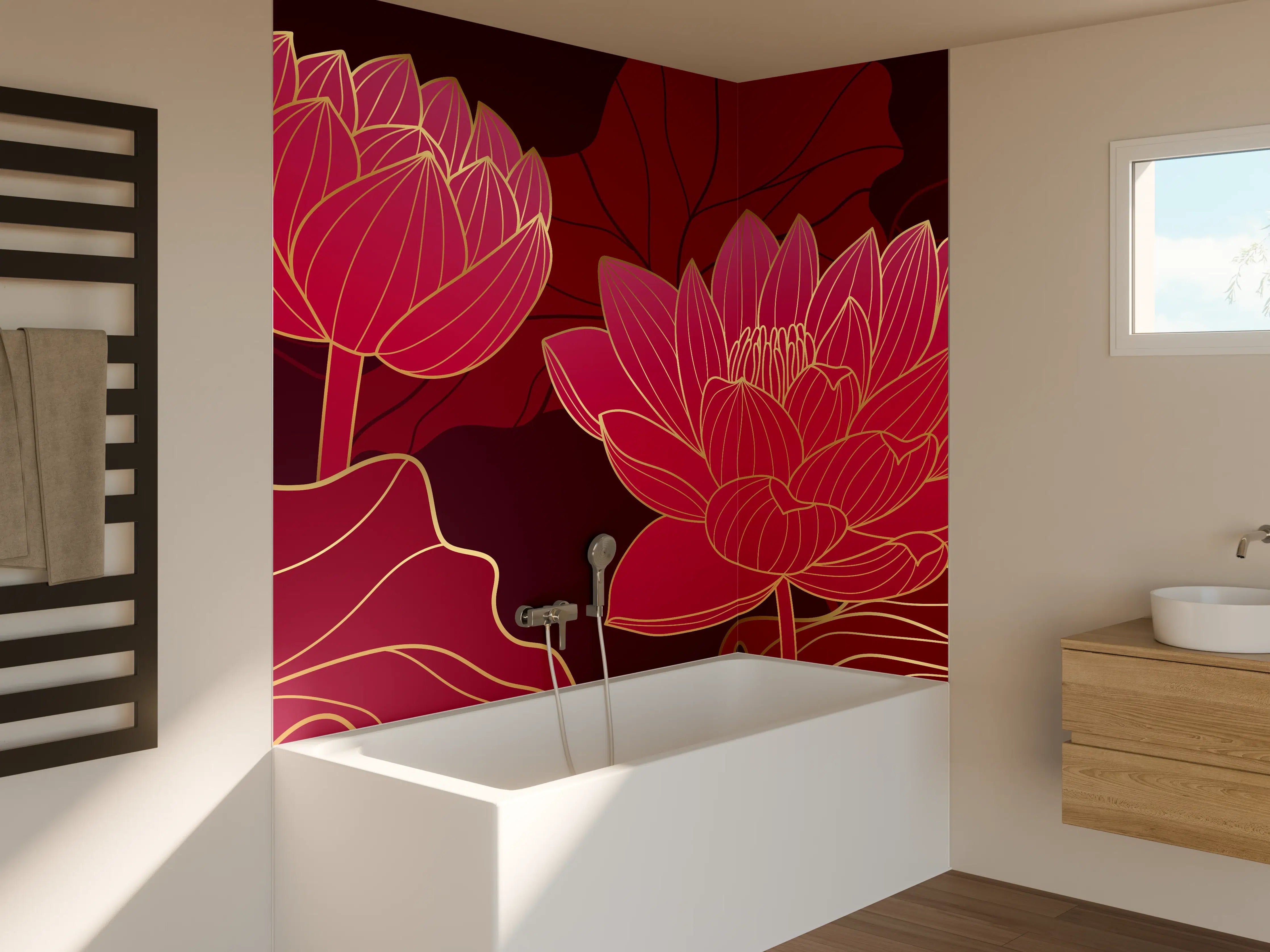 Badewannen-Rückwand - Rote Lotusblüten Lineart Design