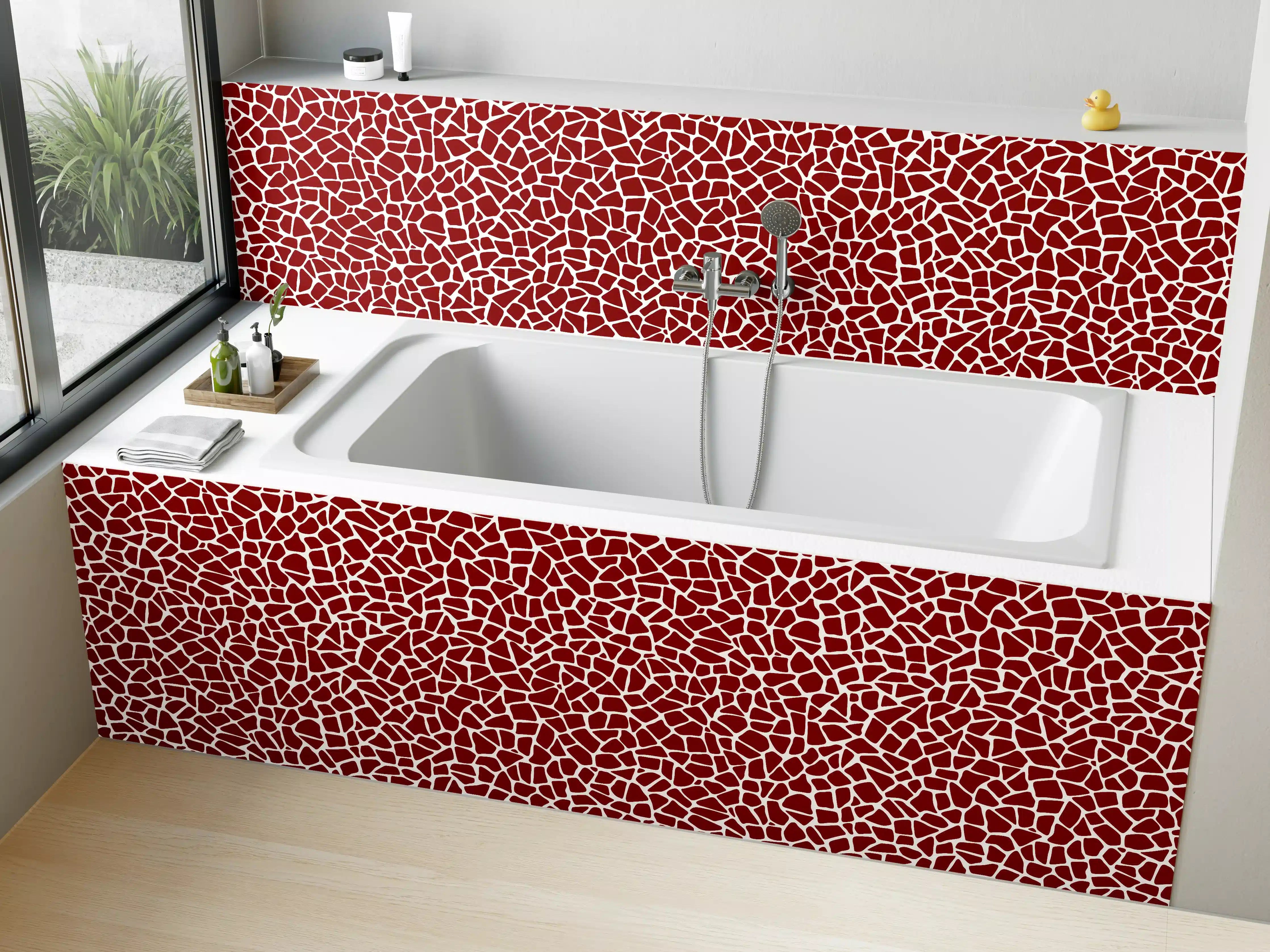 Badewannen-Rückwand - Rote Mosaikstruktur mit weißen Linien