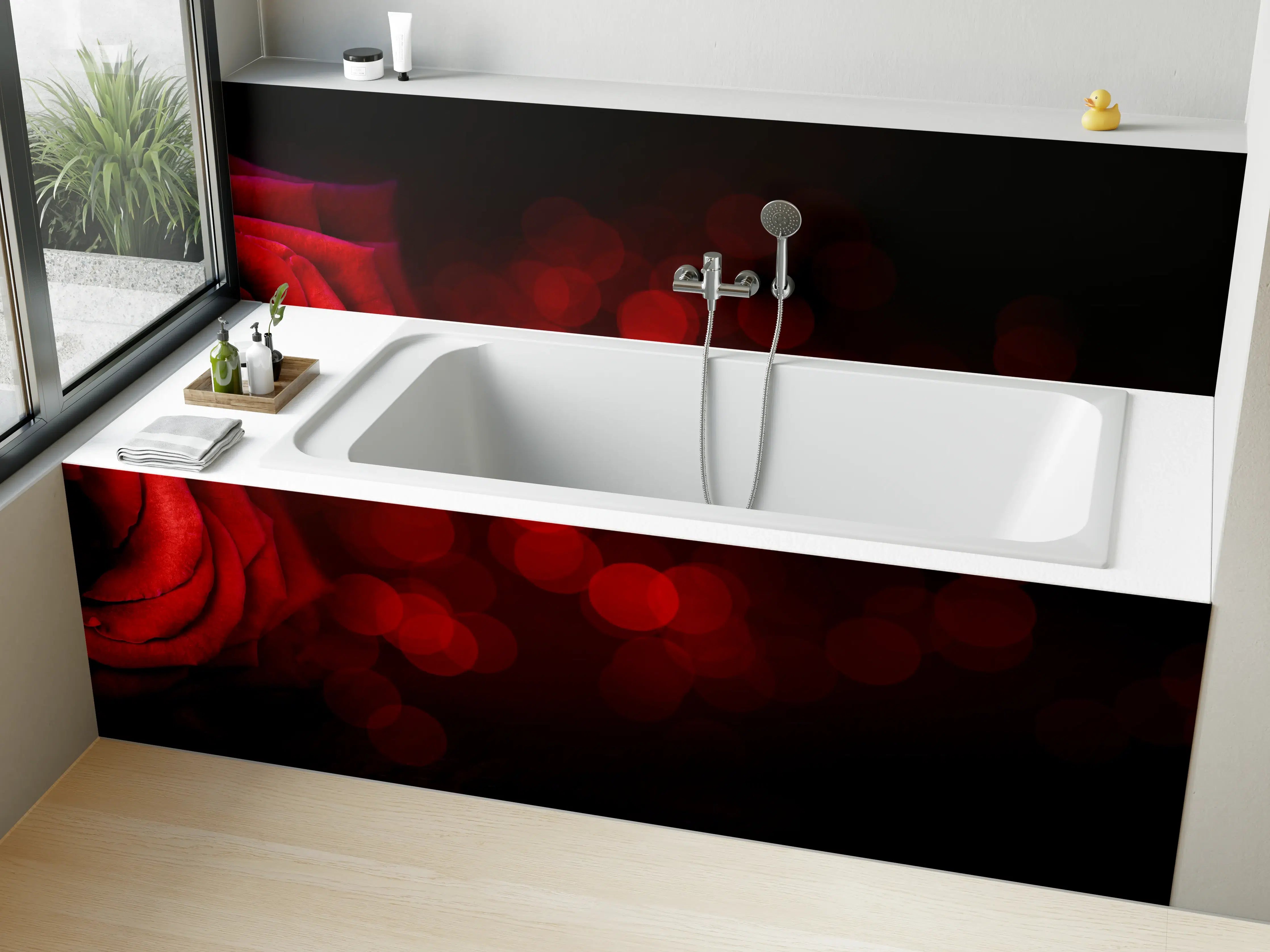 Badewannen-Rückwand - Rote Rose auf schwarzem Hintergrund