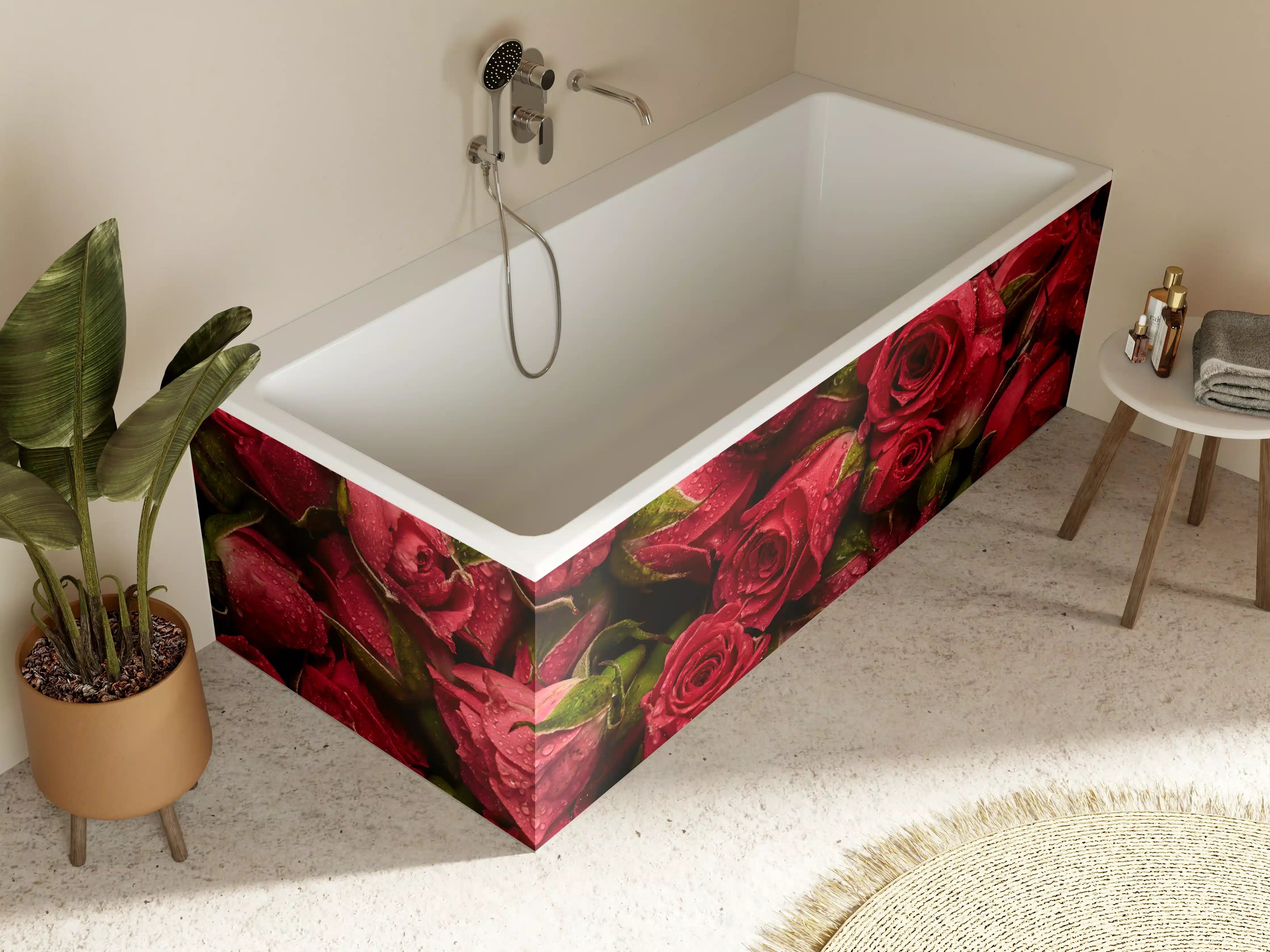 Badewannen-Rückwand - Rote Rosen mit Wassertr"pfchen