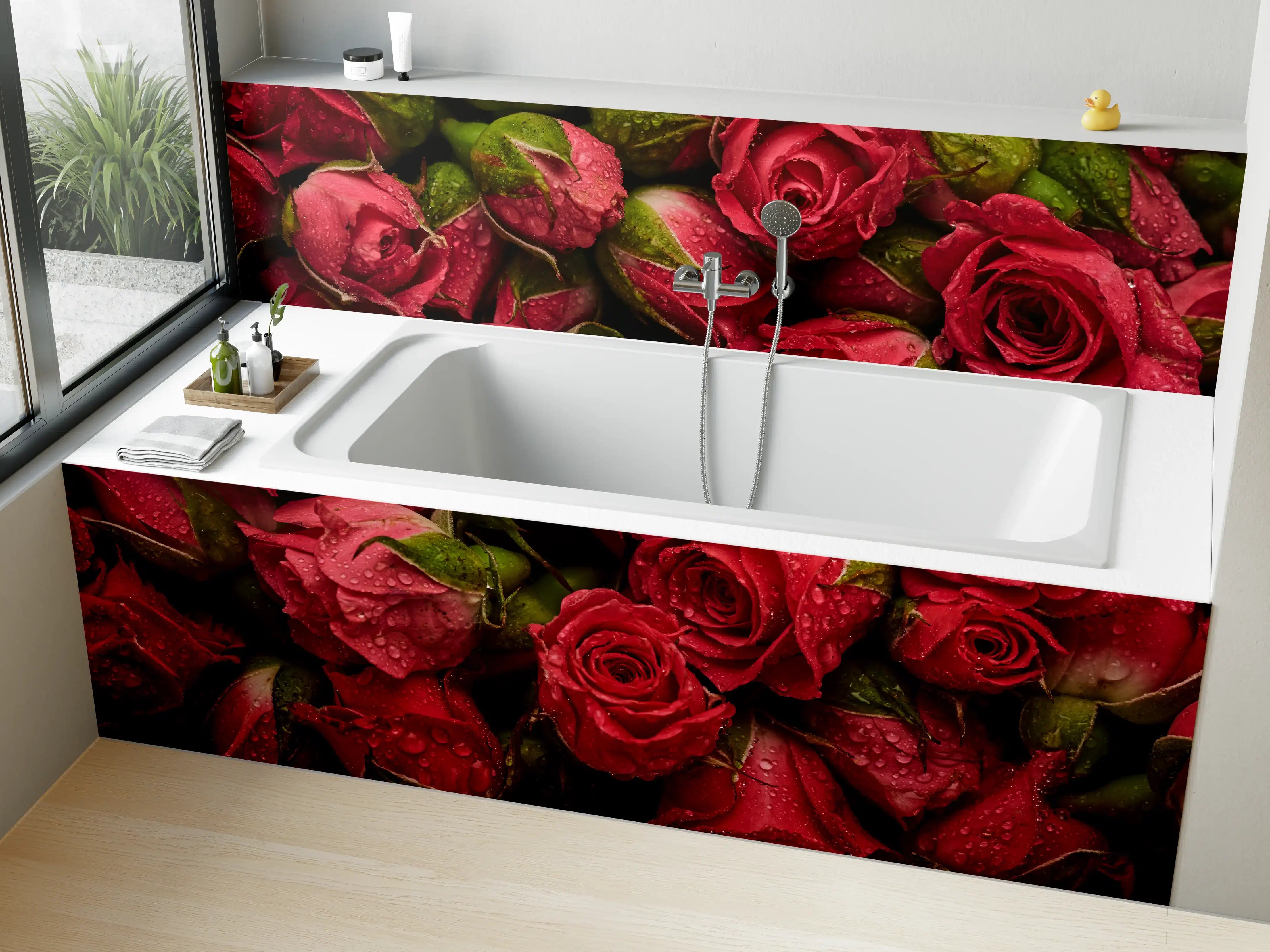 Badewannen-Rückwand - Rote Rosen mit Wassertr"pfchen