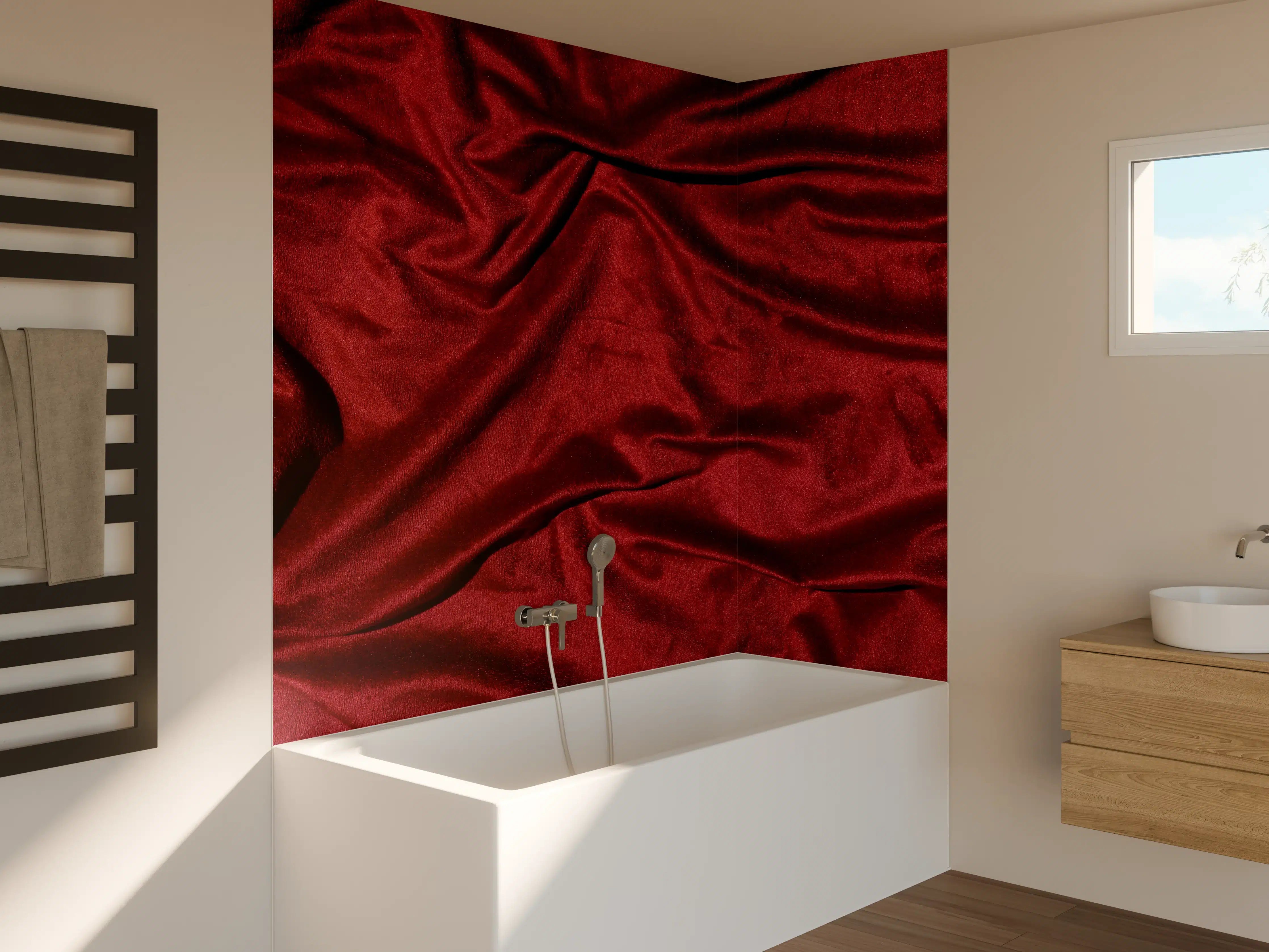 Badewannen-Rückwand - Rote Satin Seide