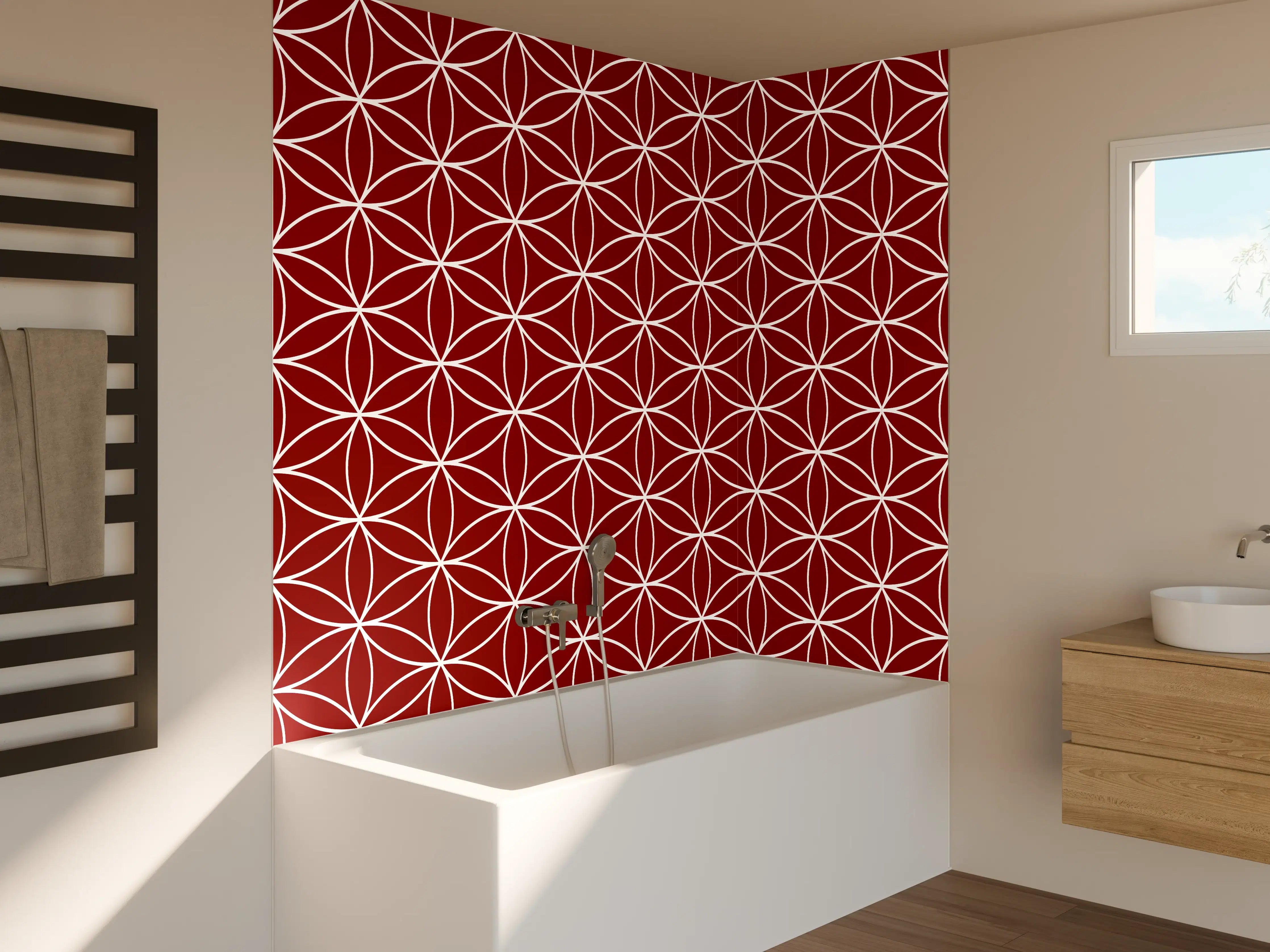 Badewannen-Rückwand - Rote geometrische Muster mit Orangen Akzenten