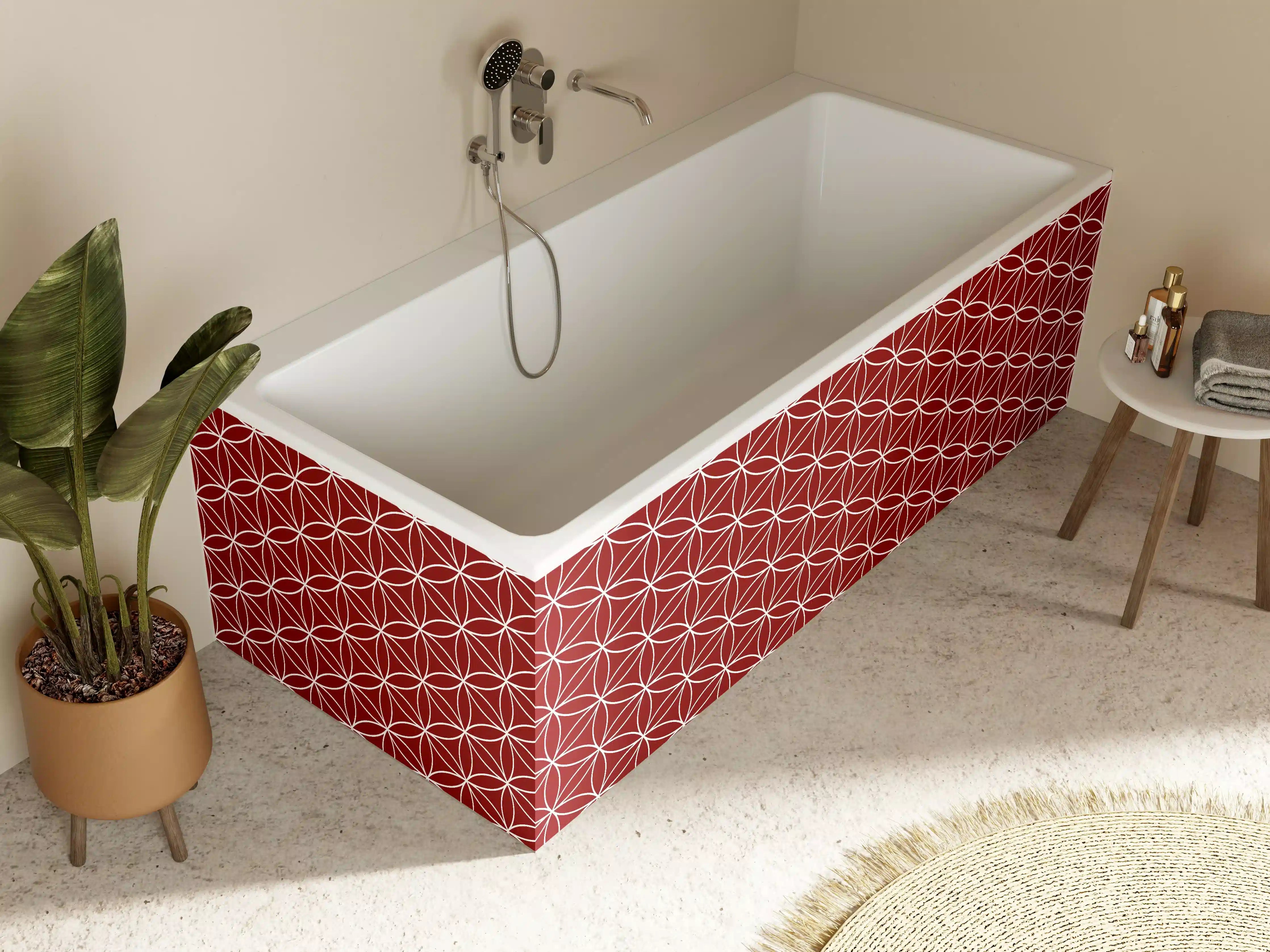 Badewannen-Rückwand - Rote geometrische Muster mit Orangen Akzenten