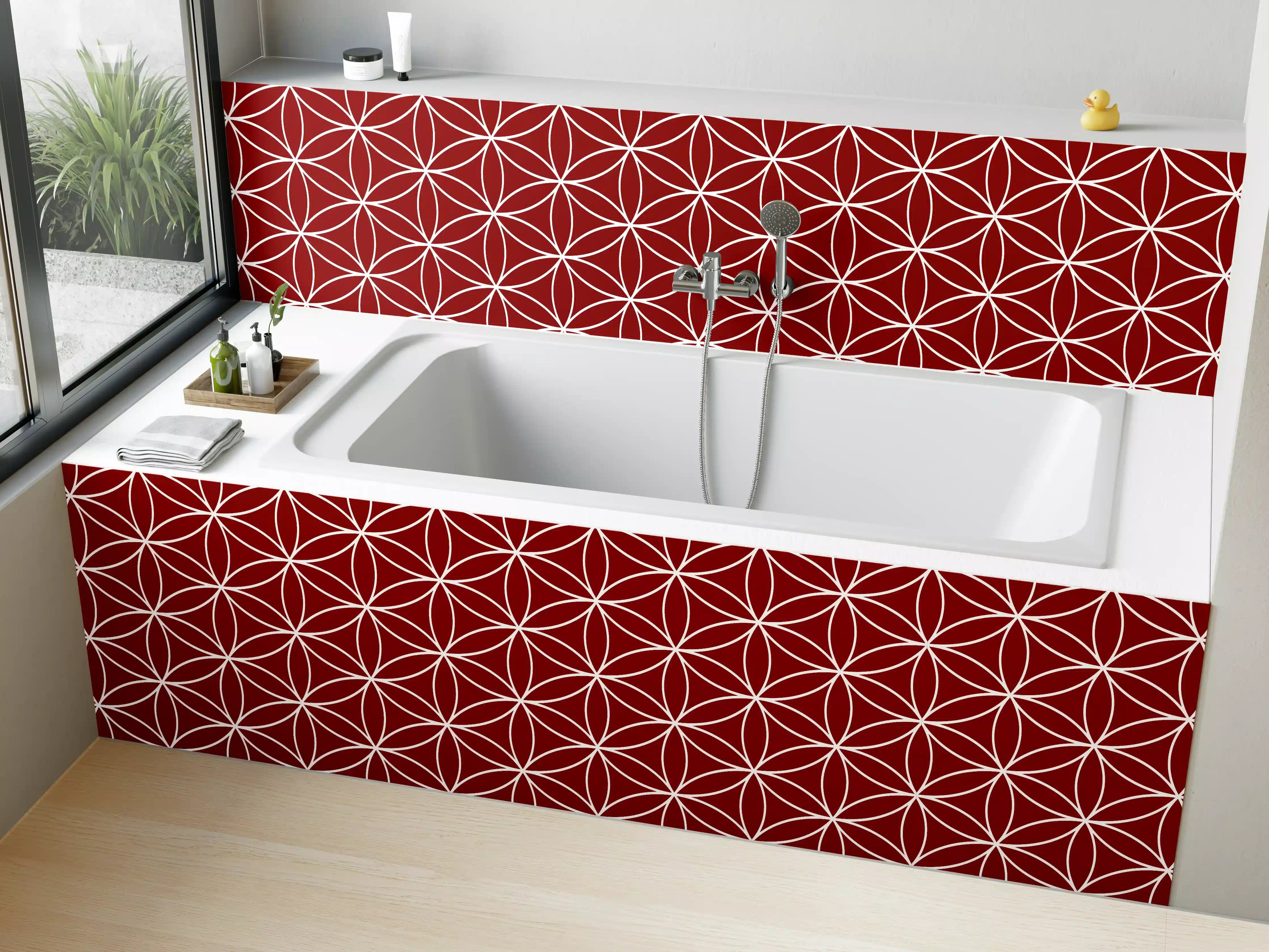 Badewannen-Rückwand - Rote geometrische Muster mit Orangen Akzenten