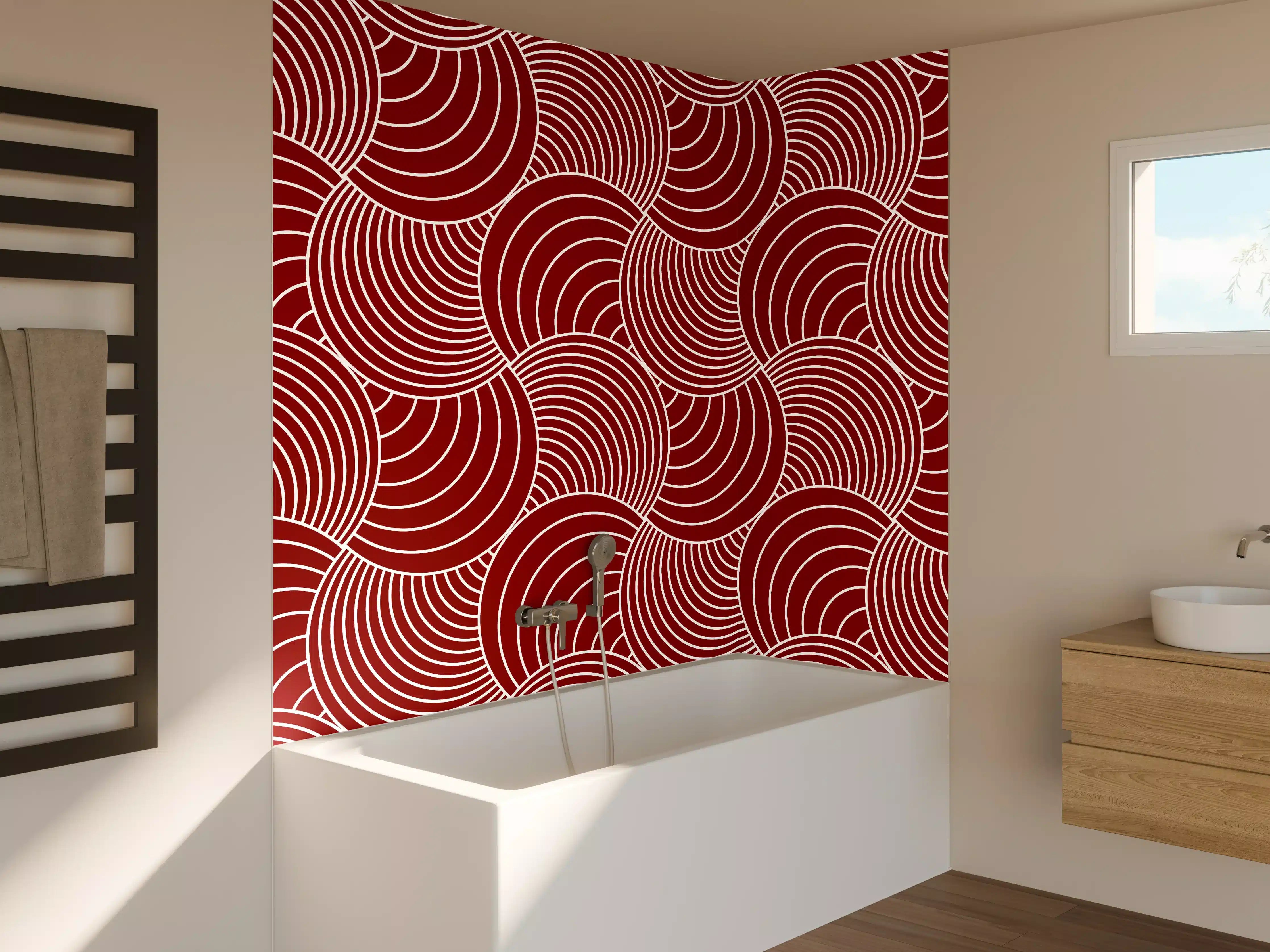 Badewannen-Rückwand - Rote geometrische Muster mit weißen Linien